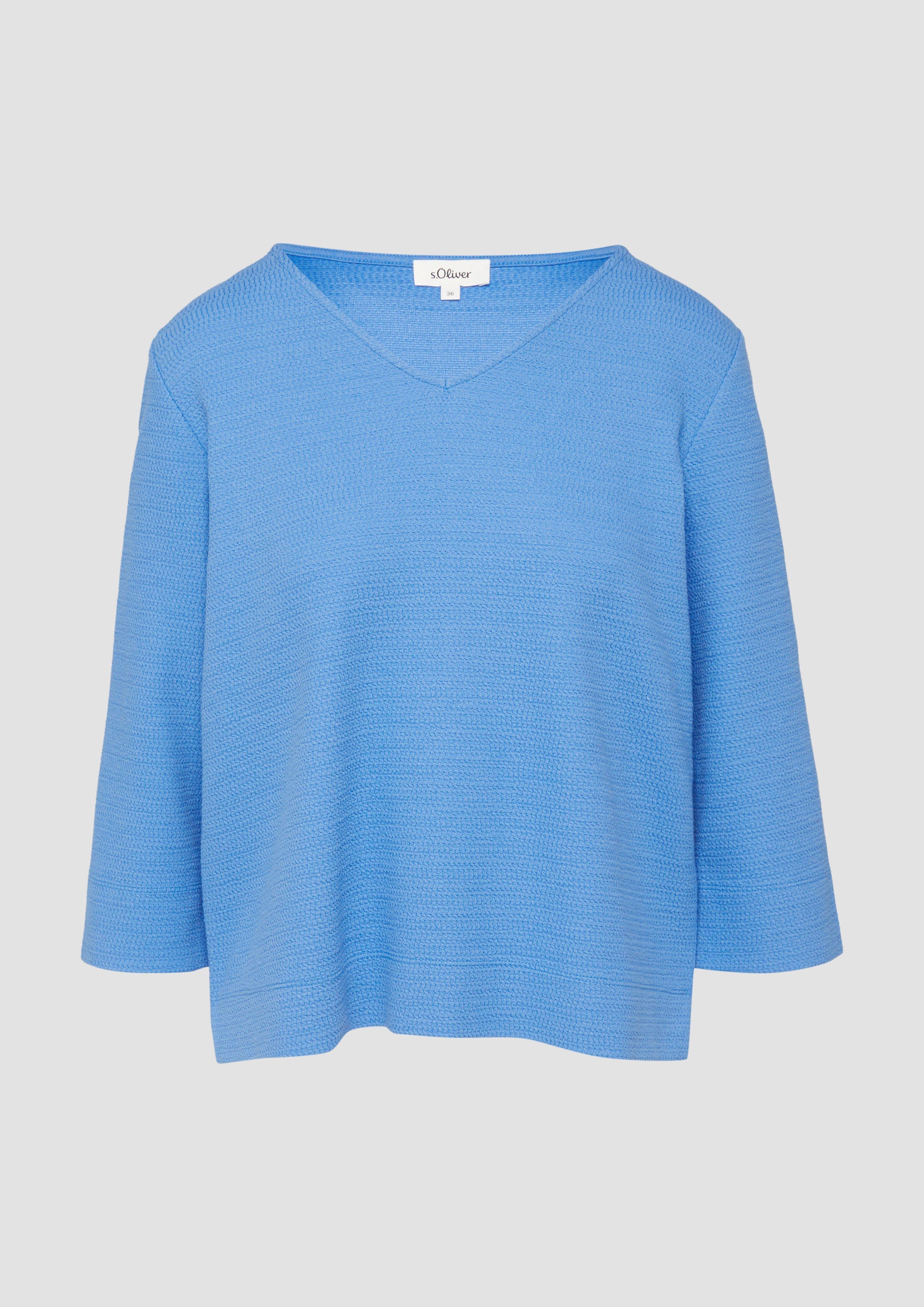 s.Oliver - Strukturiertes Jersey-Sweatshirt mit V-Ausschnitt und 3/4-Ärmeln, Damen, blau