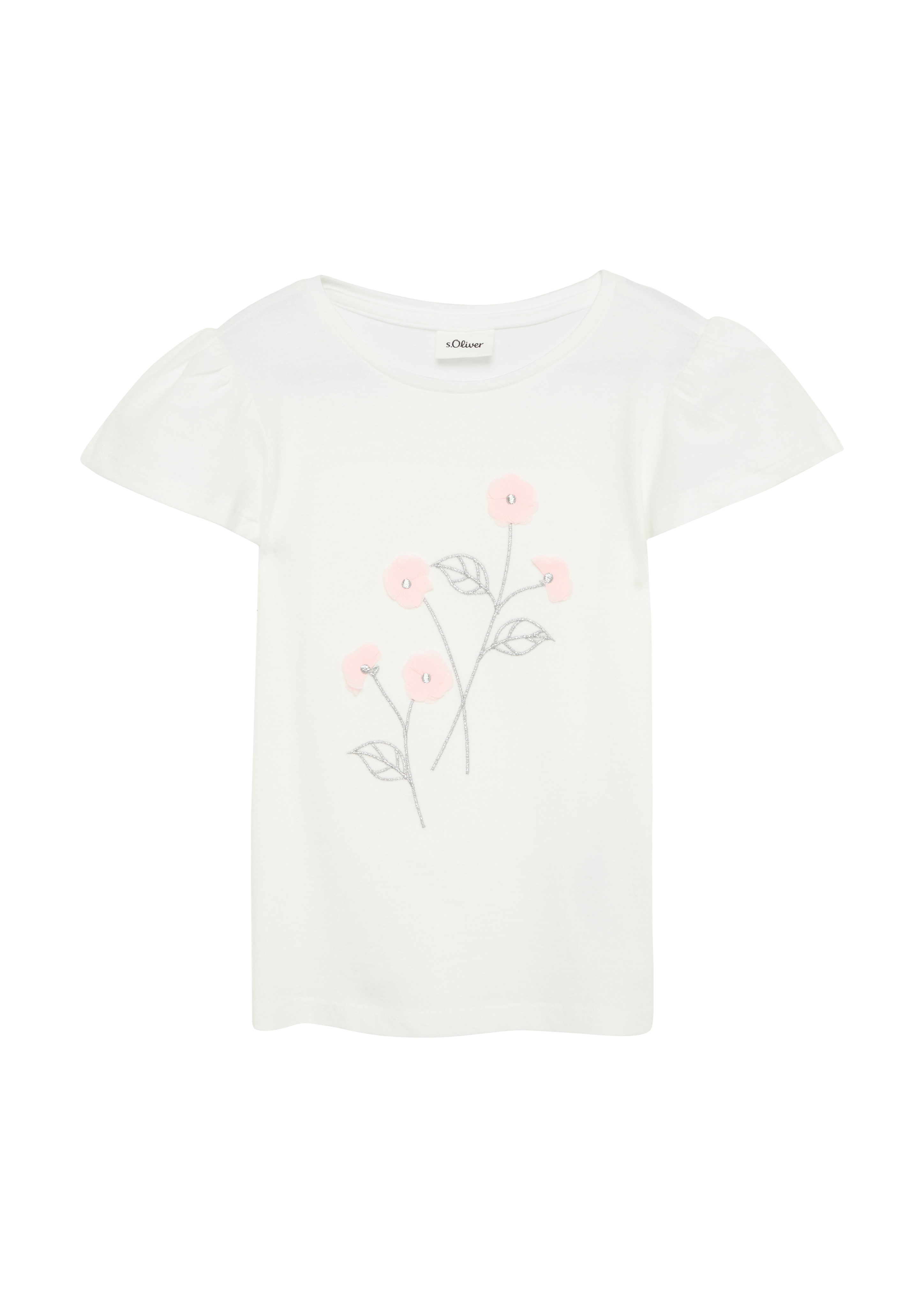 s.Oliver - Shirt mit Metallic-Garn-Stickerei und Blumenapplikation, Kinder, weiß