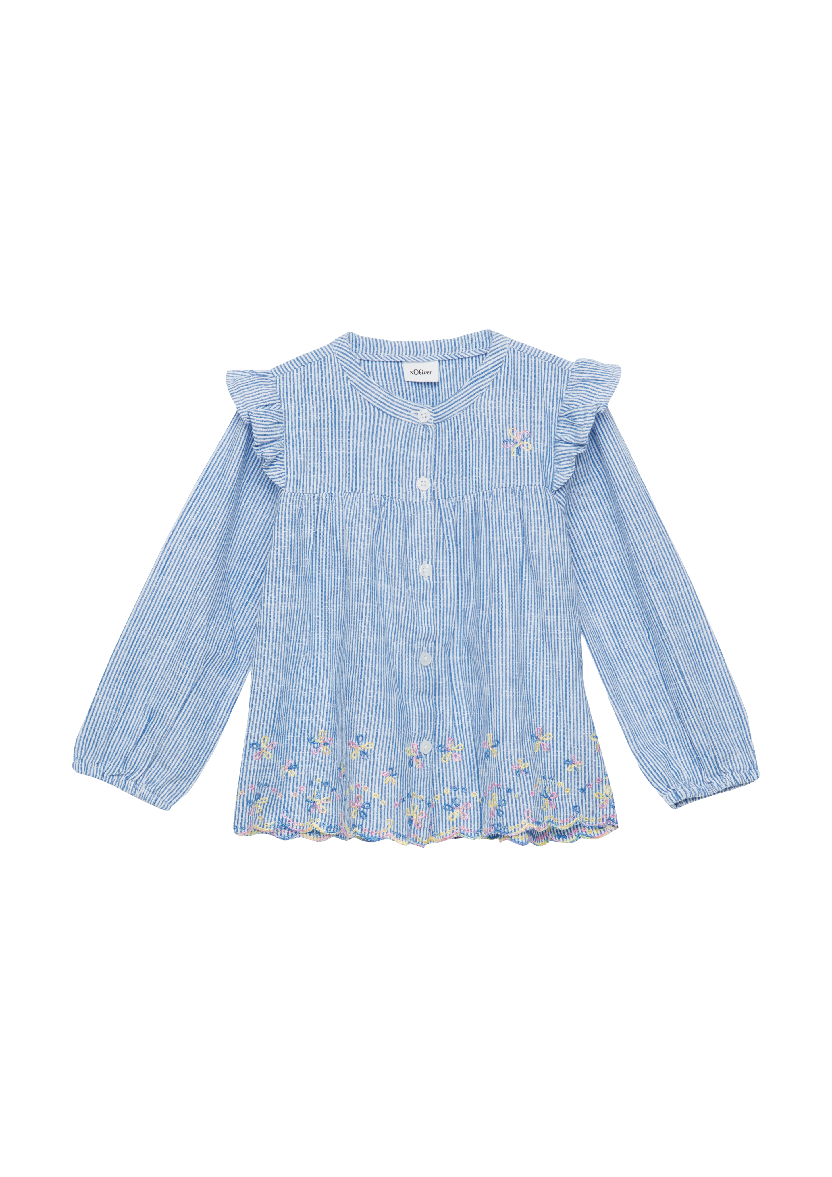 s.Oliver - Gestreifte Baumwollbluse mit Volants und Stickereien, Kinder, blau