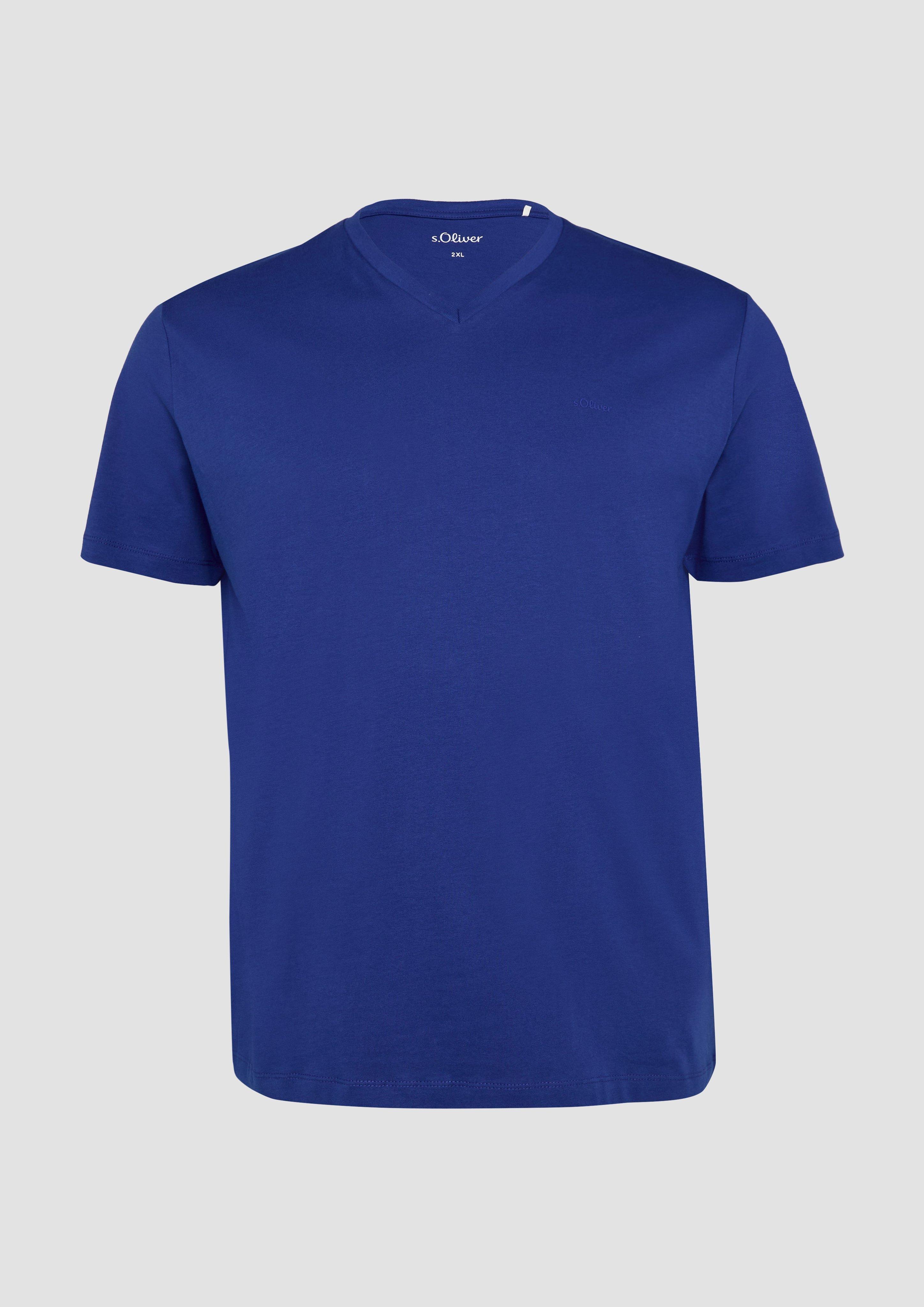 s.Oliver - T-Shirt mit V-Ausschnitt und Logo-Print, Herren, blau