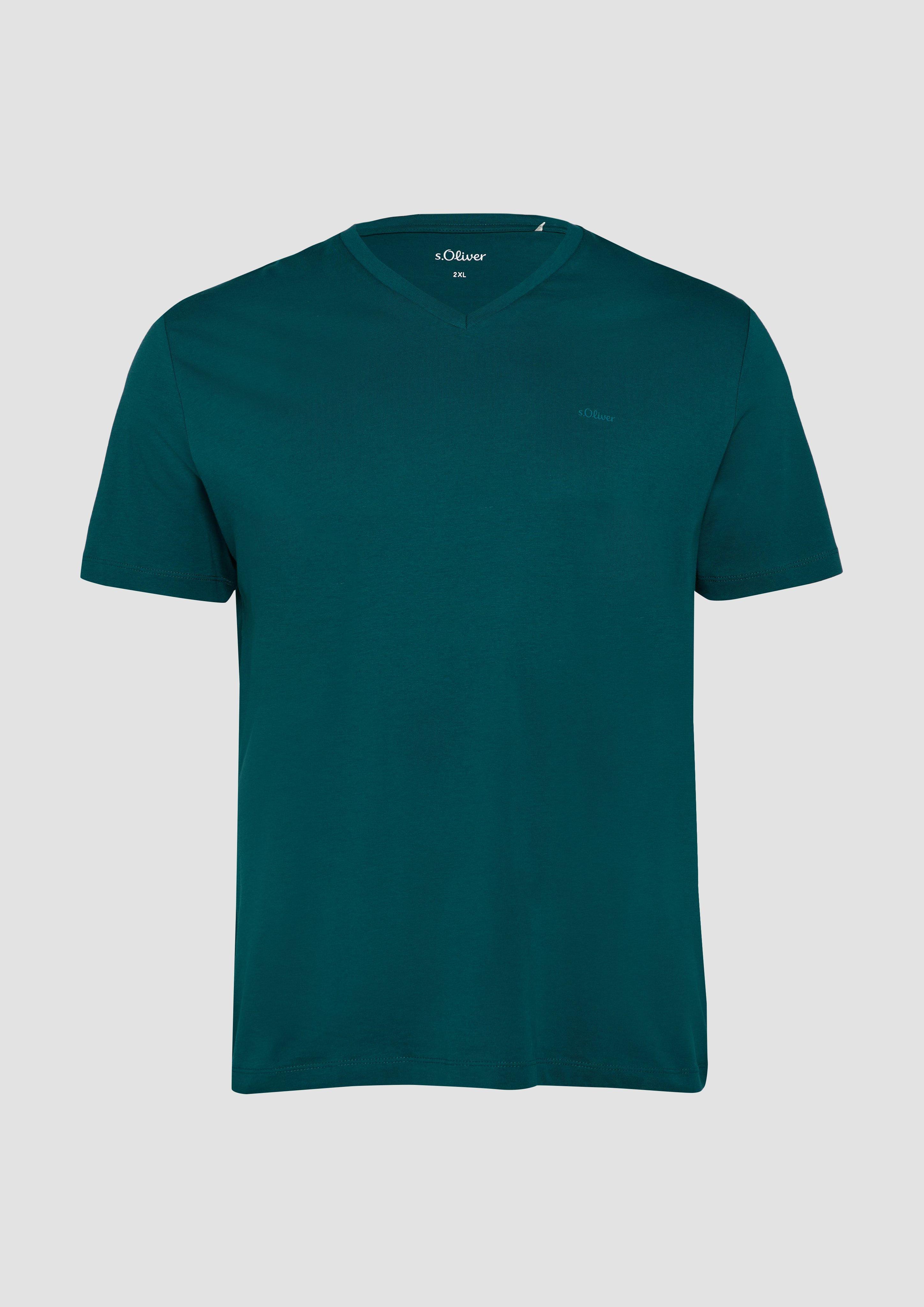 s.Oliver - T-Shirt mit V-Ausschnitt und Logo-Print, Herren, Blau
