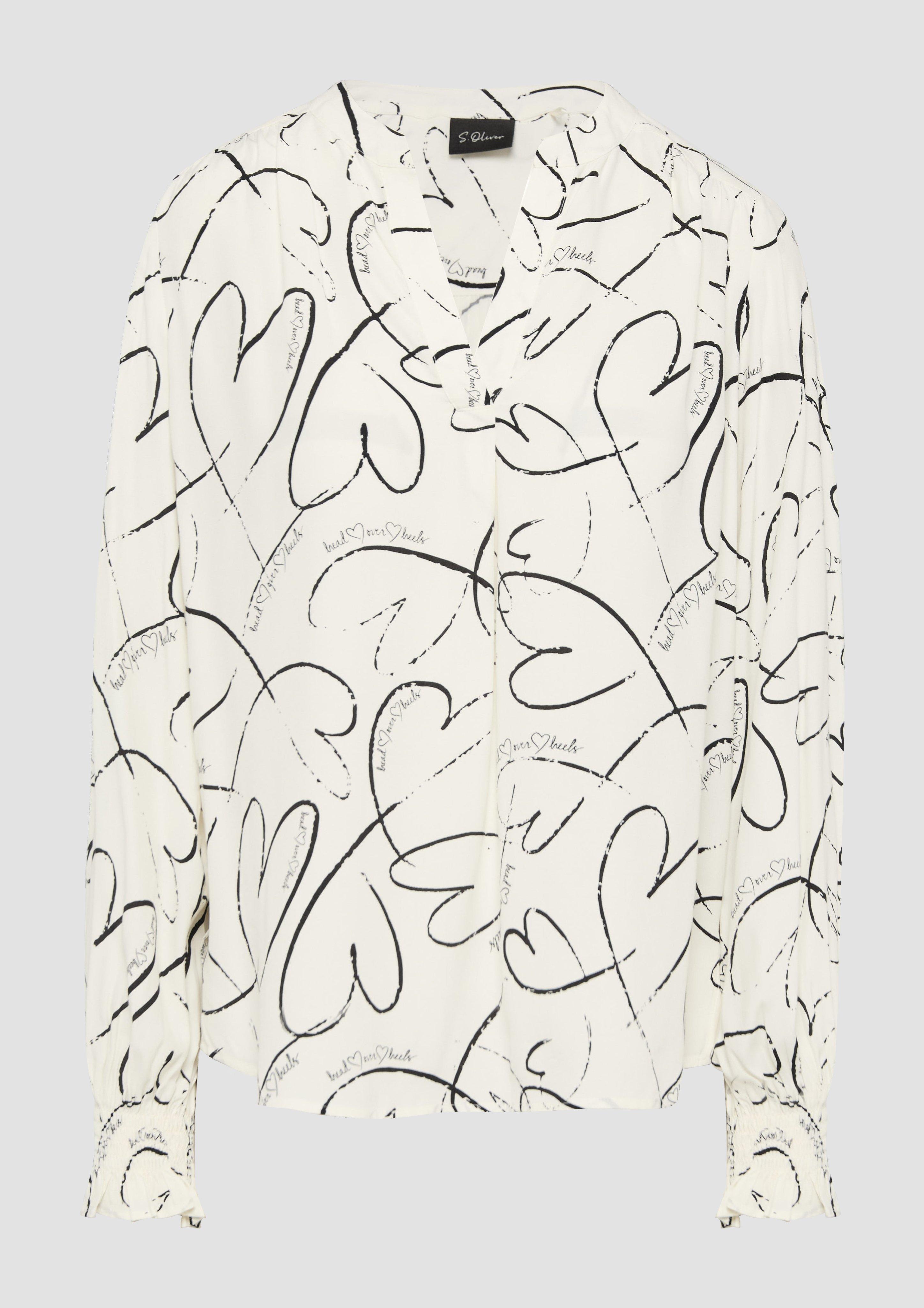 s.Oliver - Viskosebluse mit All-over-Print und Smok-Detail am Ärmel, Damen, creme