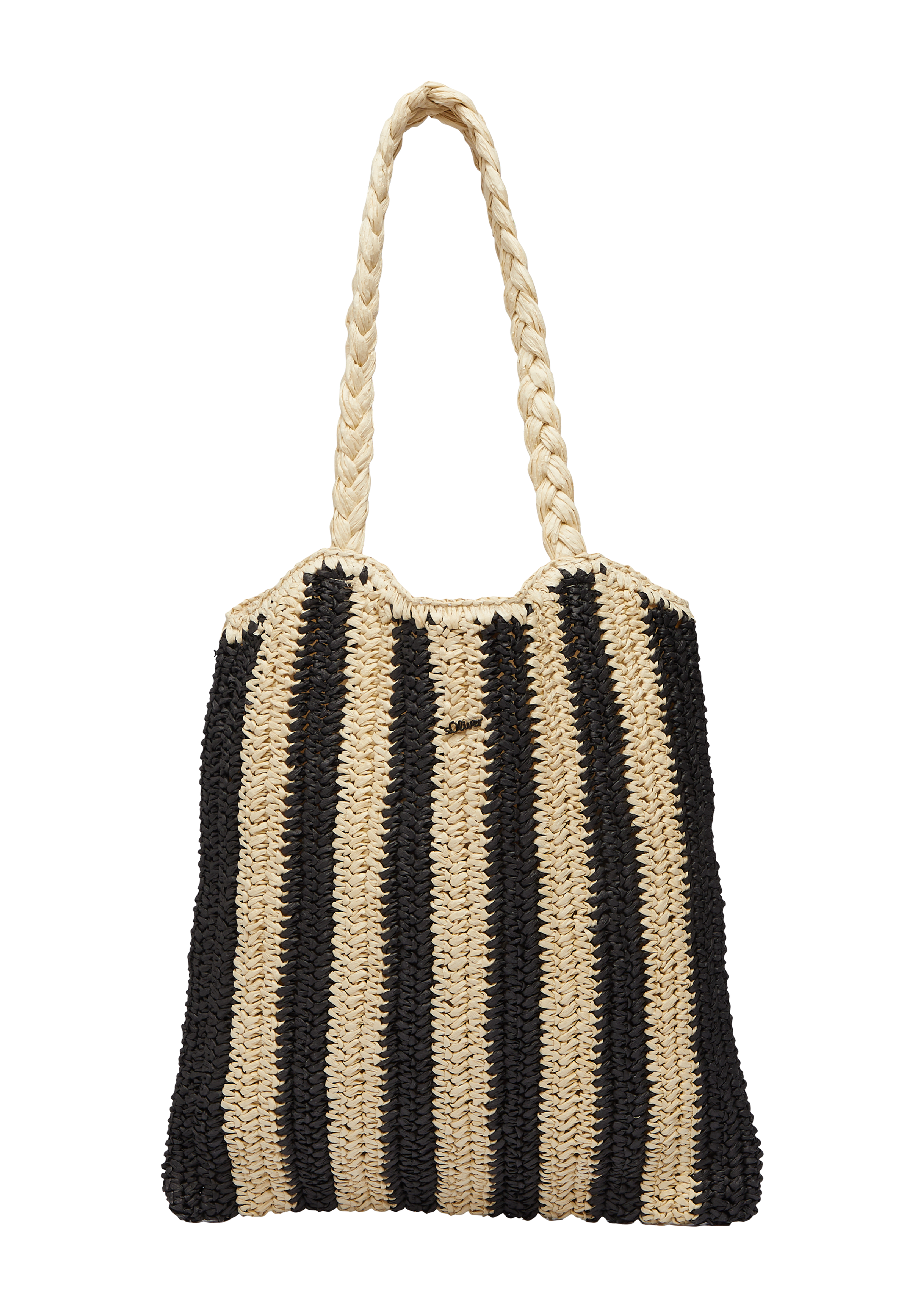 Gestreifte Raffia-Tasche mit geflochtenem Henkel Schwarz