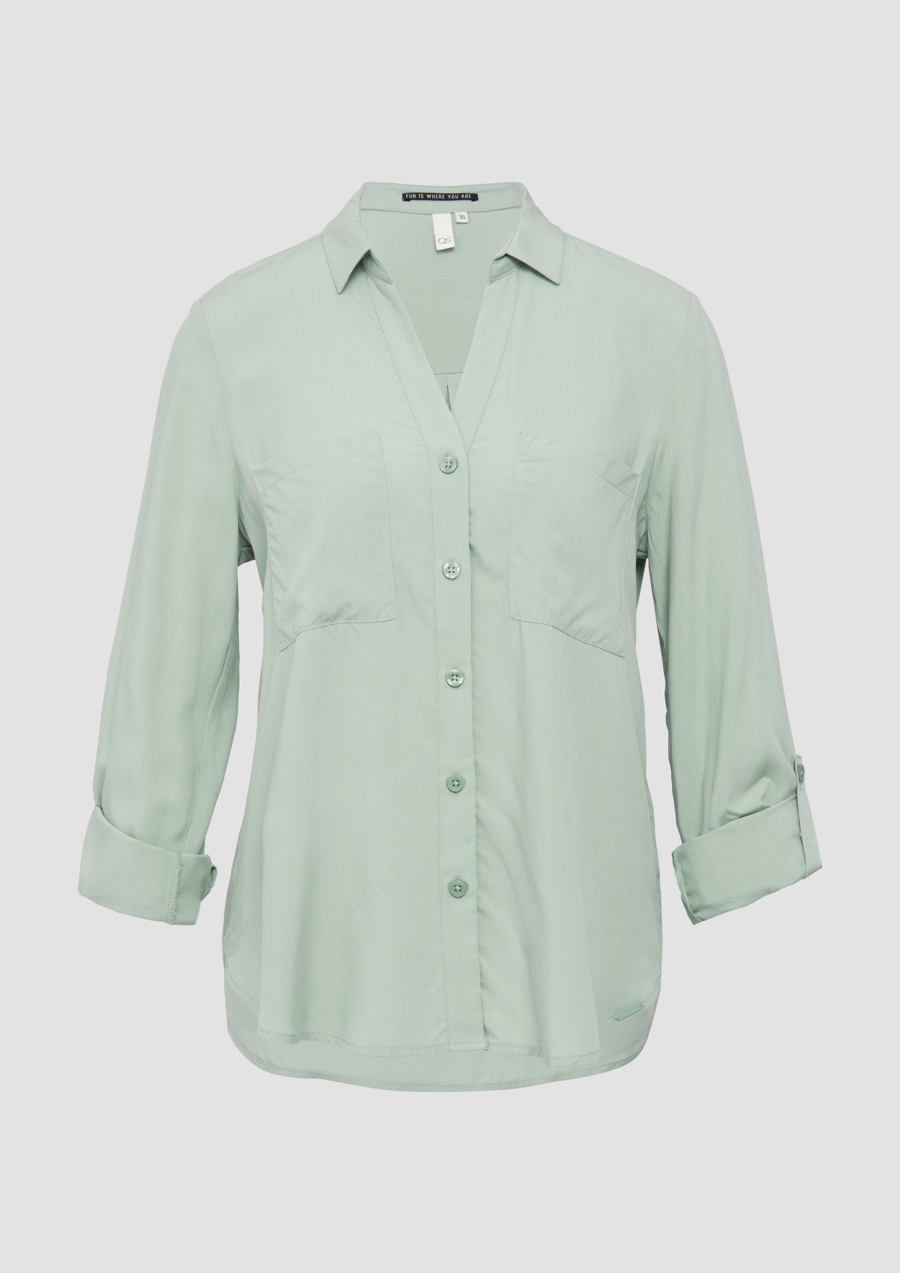 QS - Viskosebluse mit Turn-up und aufgesetzten Taschen, Damen, grün