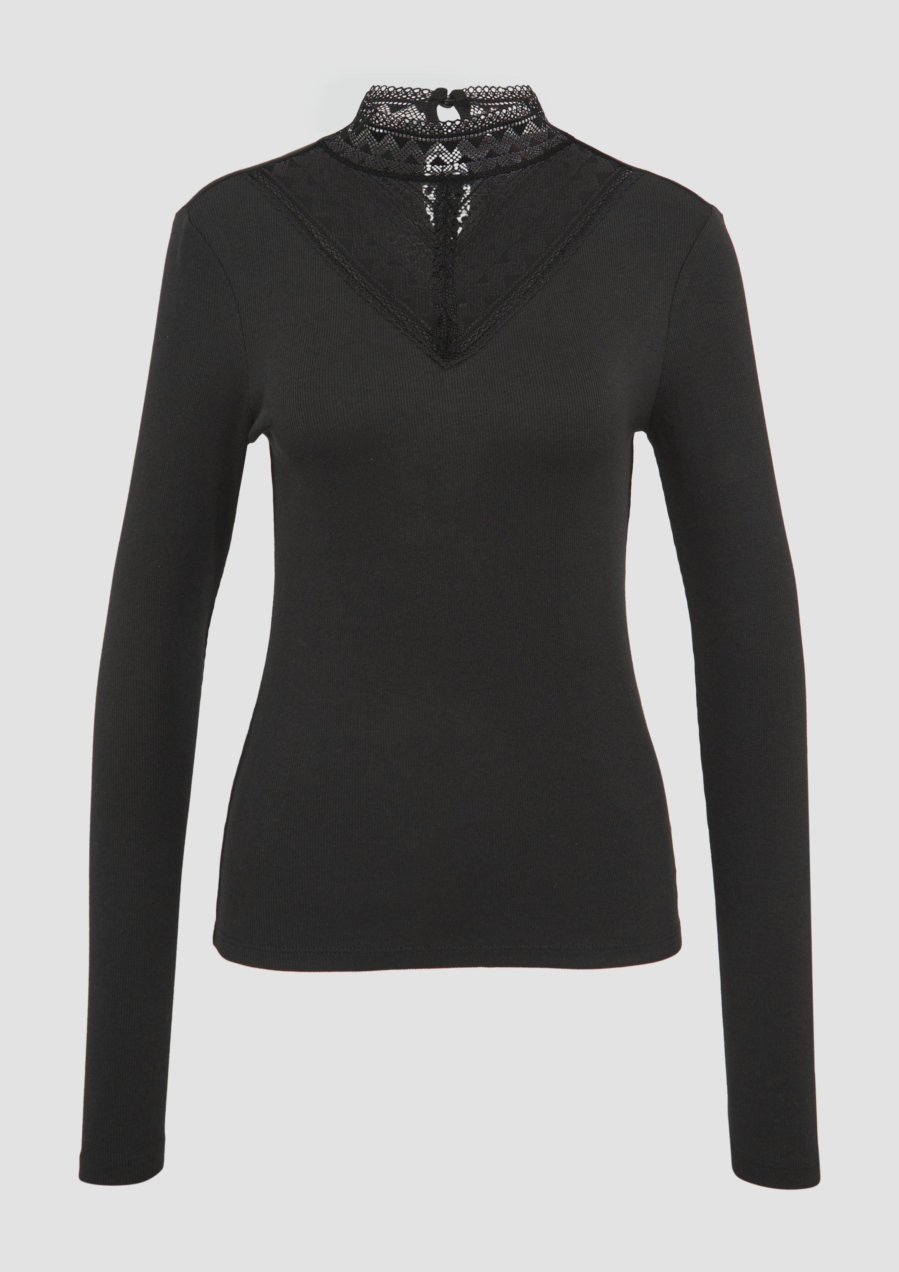 QS - Schmales Rippshirt mit Spitzeneinsatz am Ausschnitt, Damen, schwarz