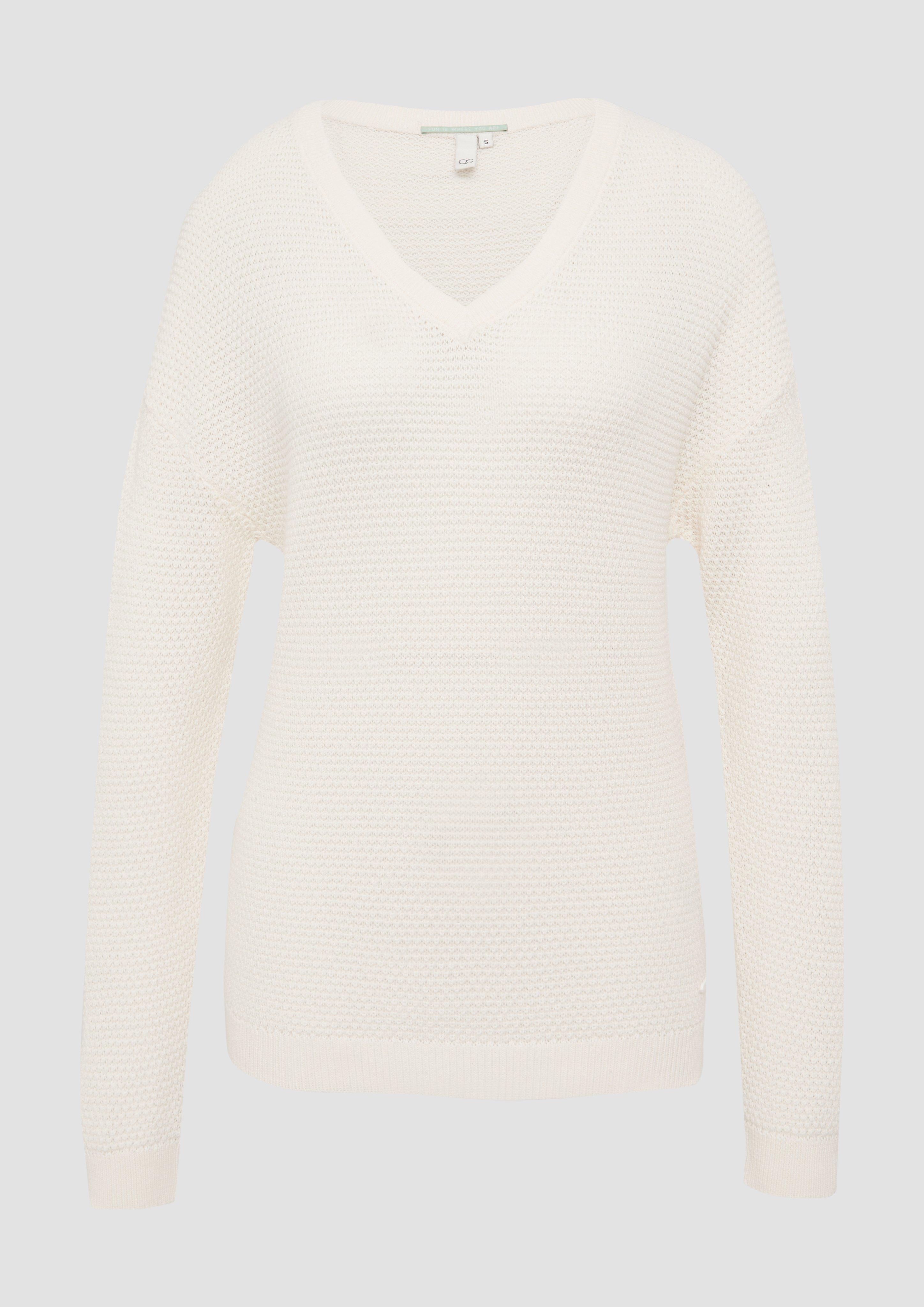 QS - Pullover mit Strukturmuster und V-Ausschnitt, Damen, creme