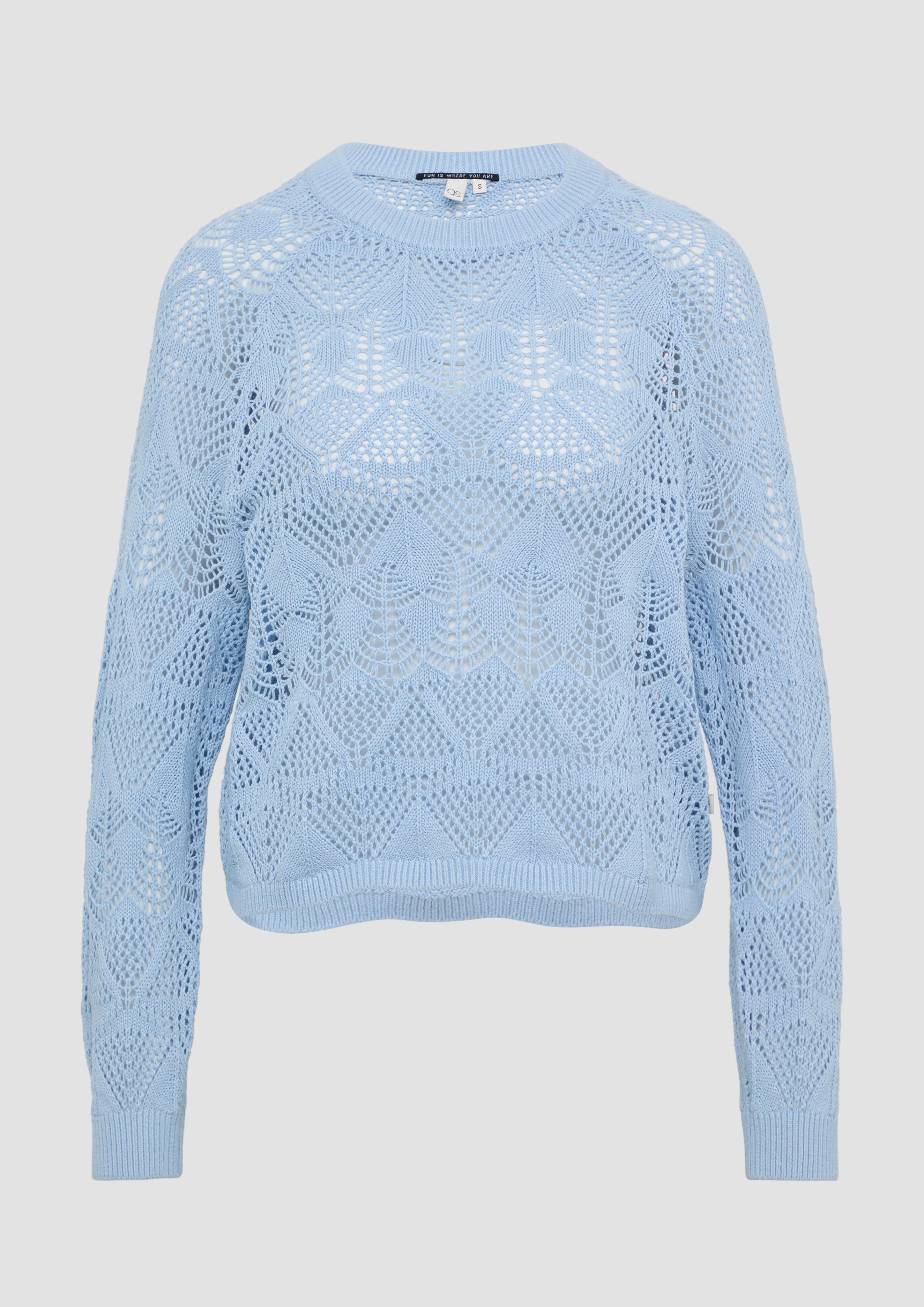 QS - Baumwollpullover mit Ajourmuster, Damen, blau