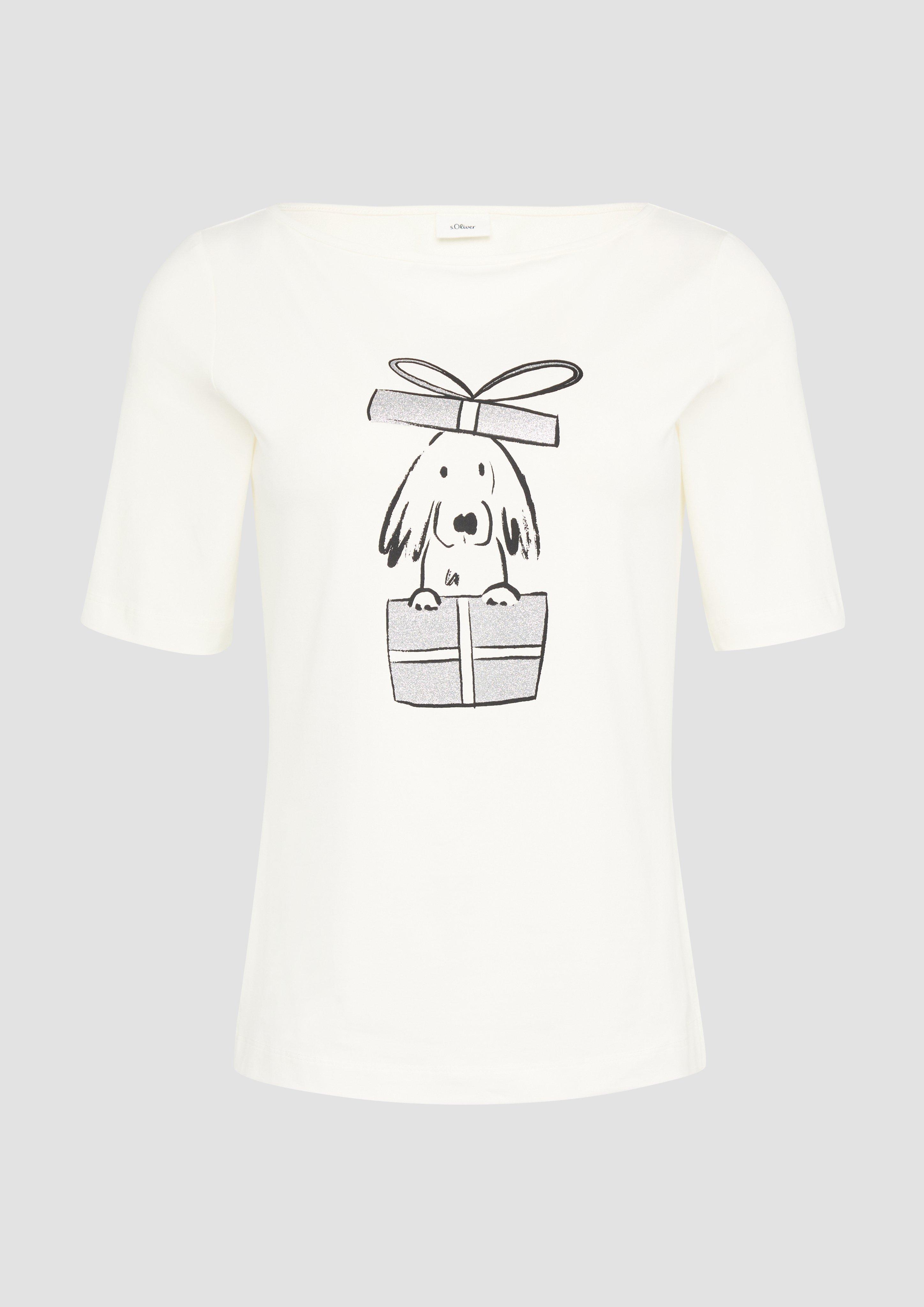 s.Oliver - T-Shirt aus Baumwollmix mit glitzerndem Frontprint, Damen, creme