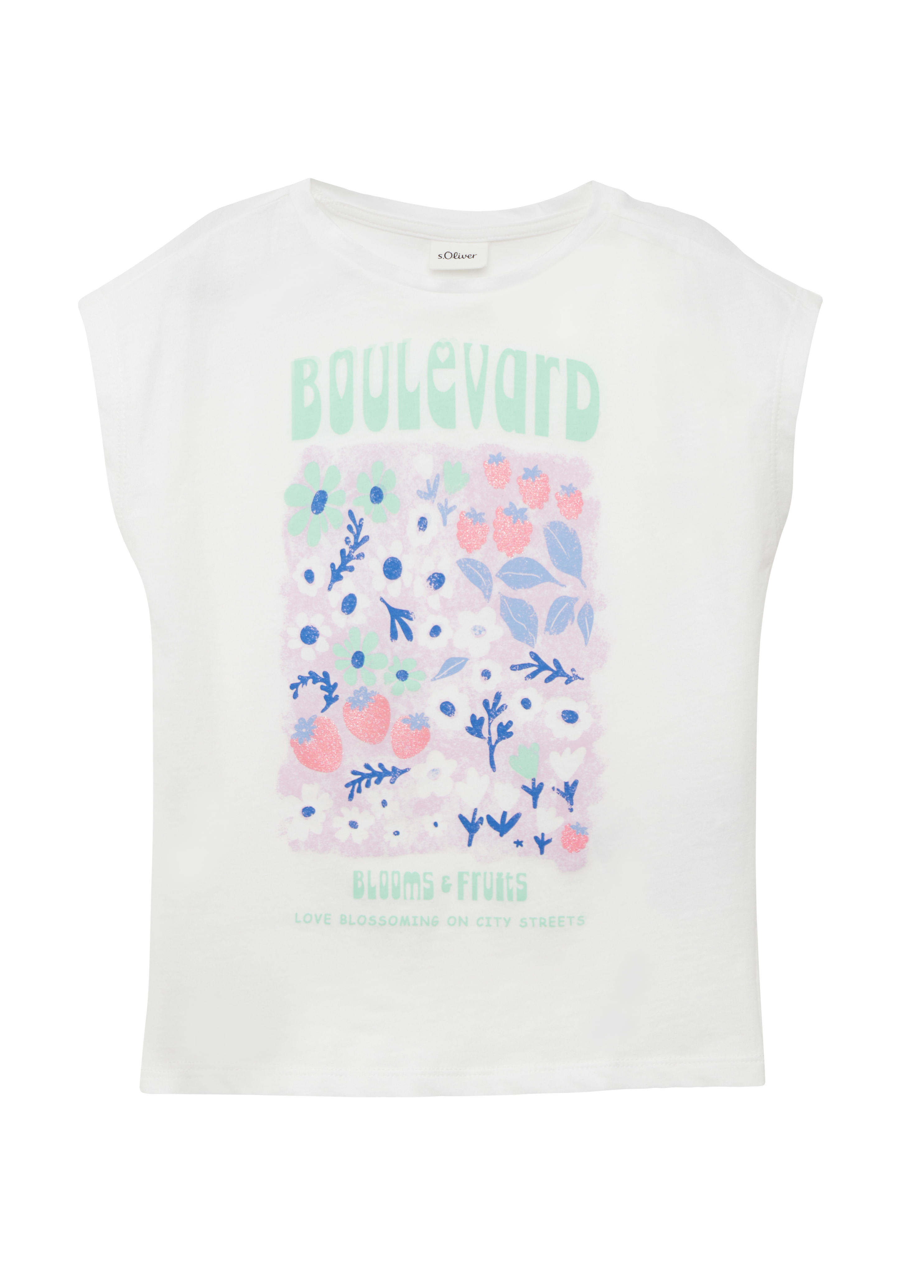 s.Oliver - T-Shirt mit Glitzerprint in V-Shape, Kinder, weiß