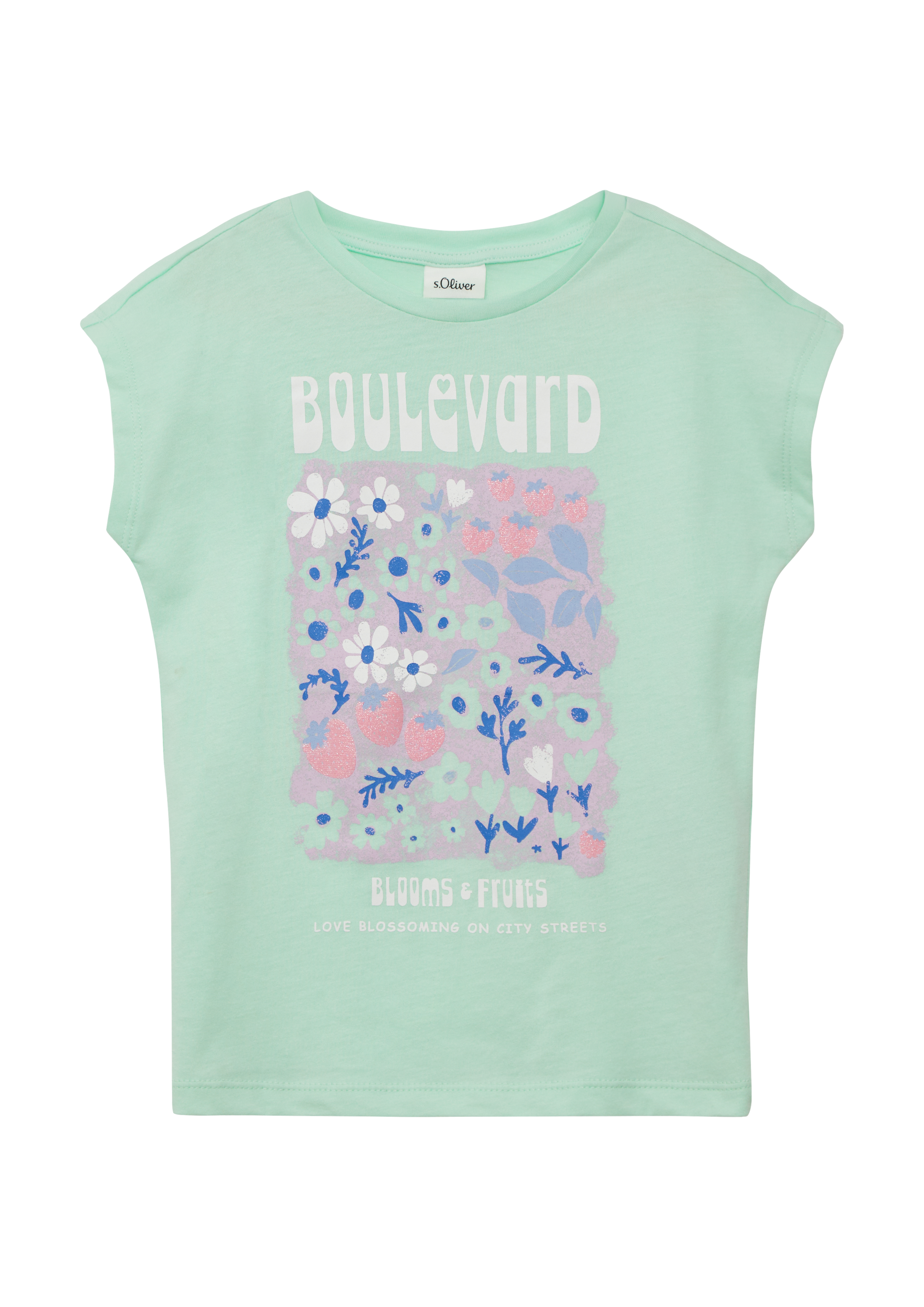 s.Oliver - T-Shirt mit Glitzerprint in V-Shape, Kinder, türkis