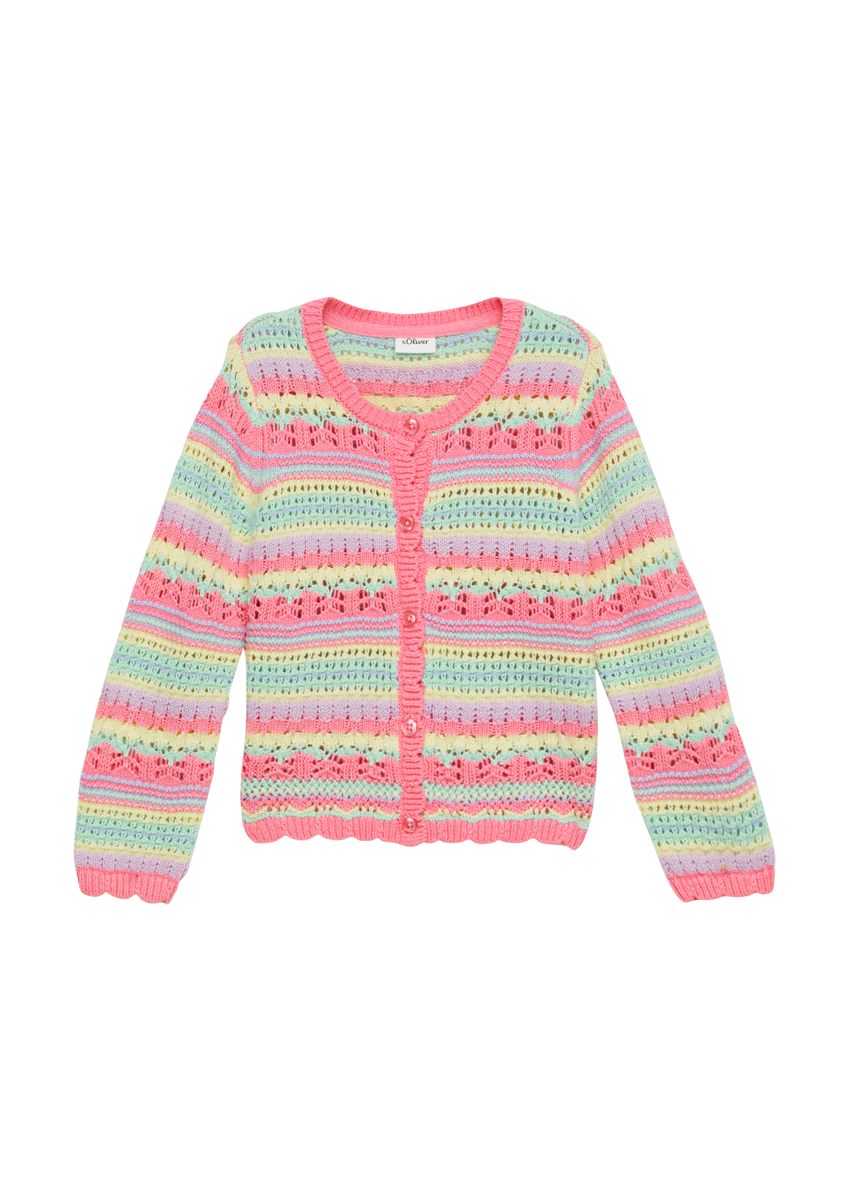 s.Oliver - Strickcardigan mit Ajour-Streifenmuster, Kinder, pink|mehrfarbig