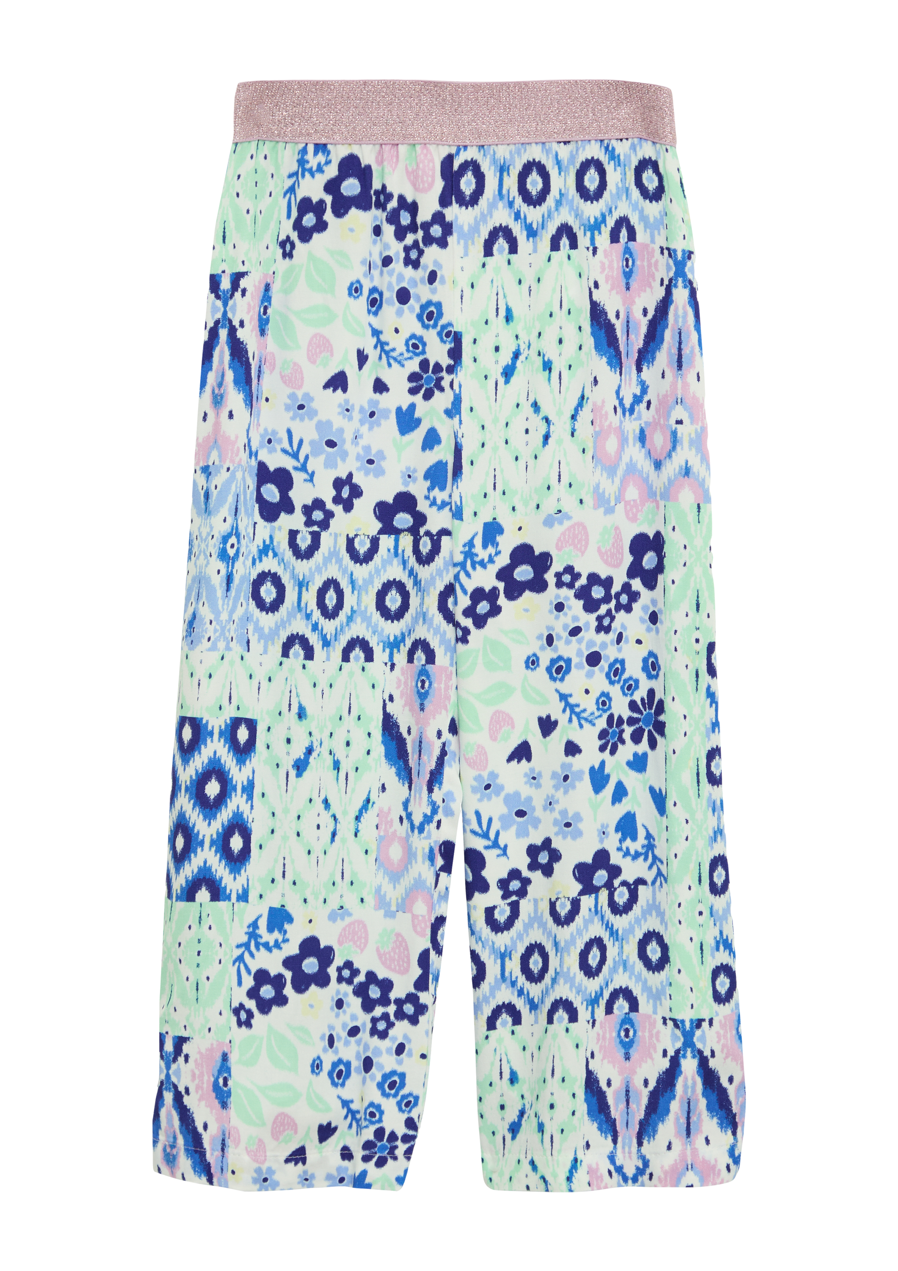 s.Oliver - Gemusterte Wide Leg Hose aus satinierter Viskose mit Glitzerbund, Kinder, mehrfarbig|weiß
