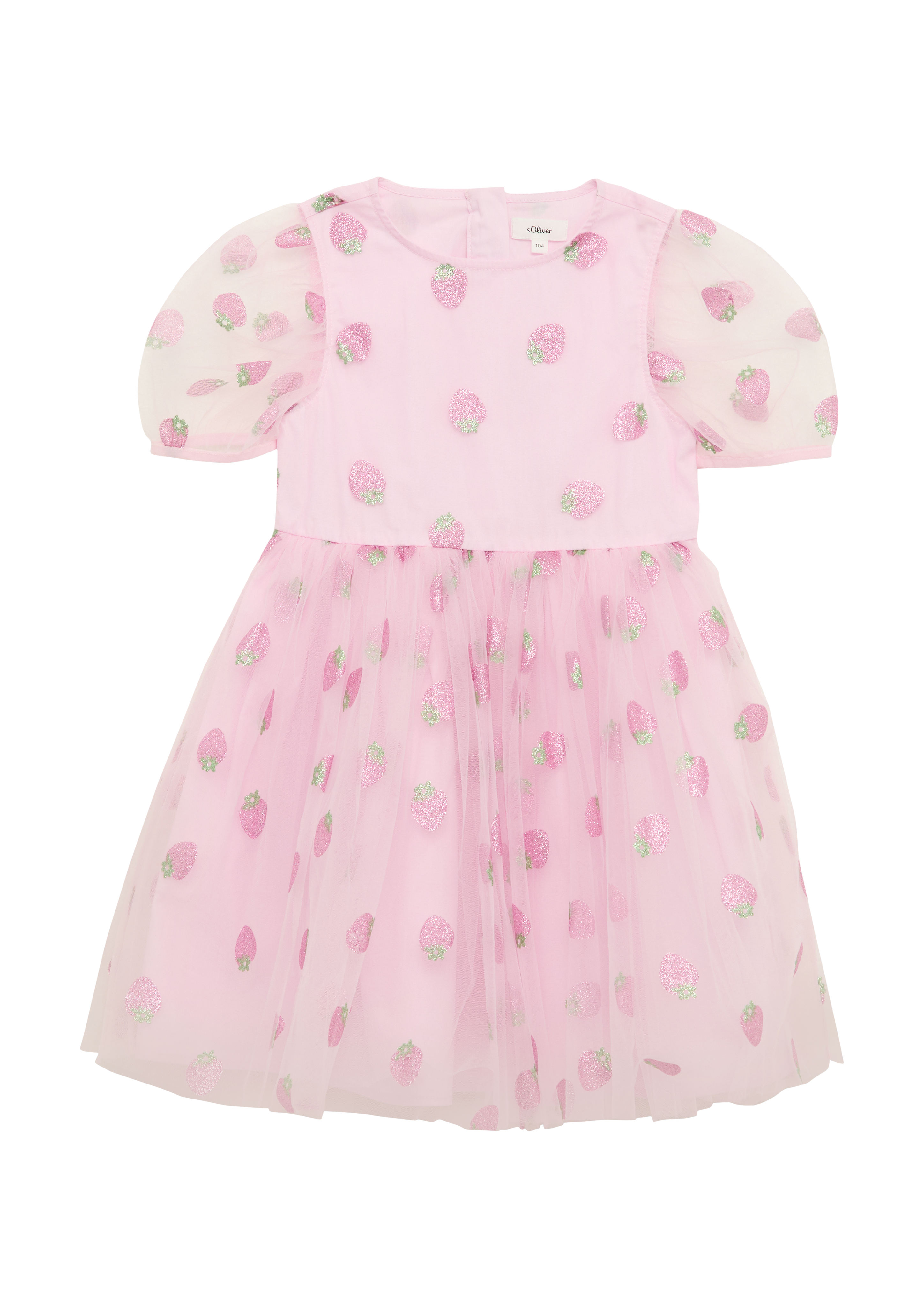 s.Oliver - Gemustertes Tüllkleid mit Glitzerprint und Puffärmeln, Kinder, Rosa