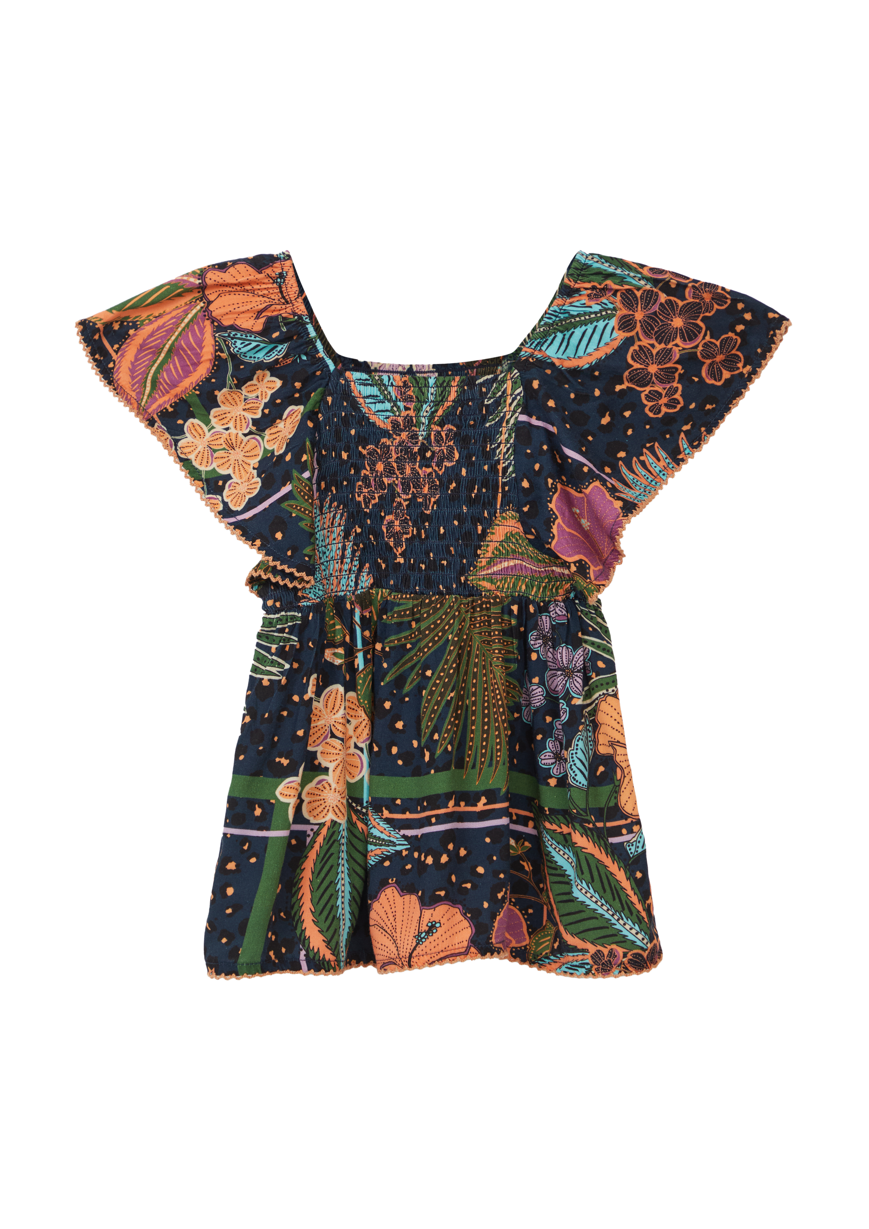 s.Oliver - Gemusterte Bluse aus satinierter Viskose mit Smok-Detail, Kinder, blau|mehrfarbig