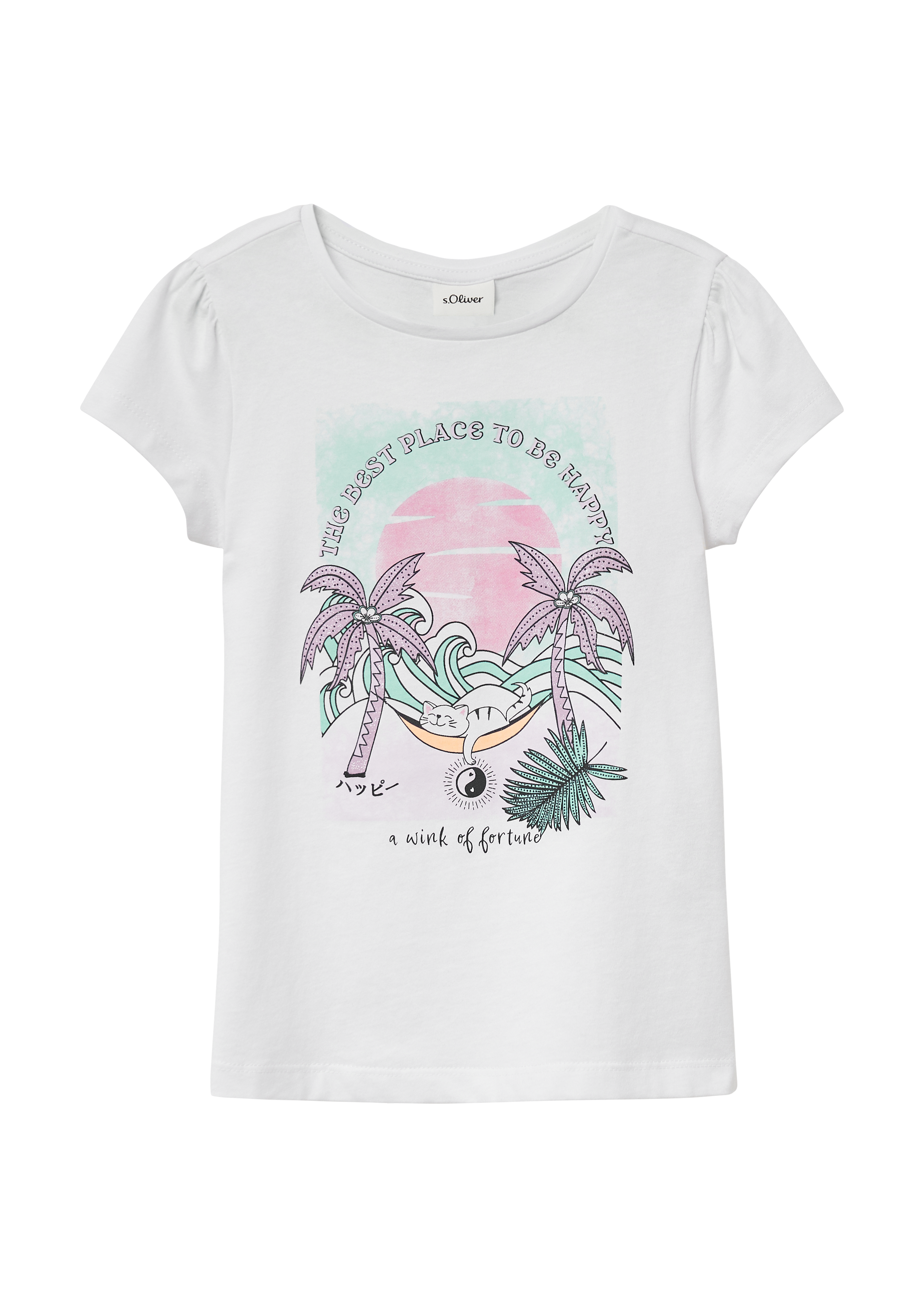 s.Oliver - Ausgestelltes T-Shirt mit Glitzerprint und Puffärmeln, Kinder, weiß