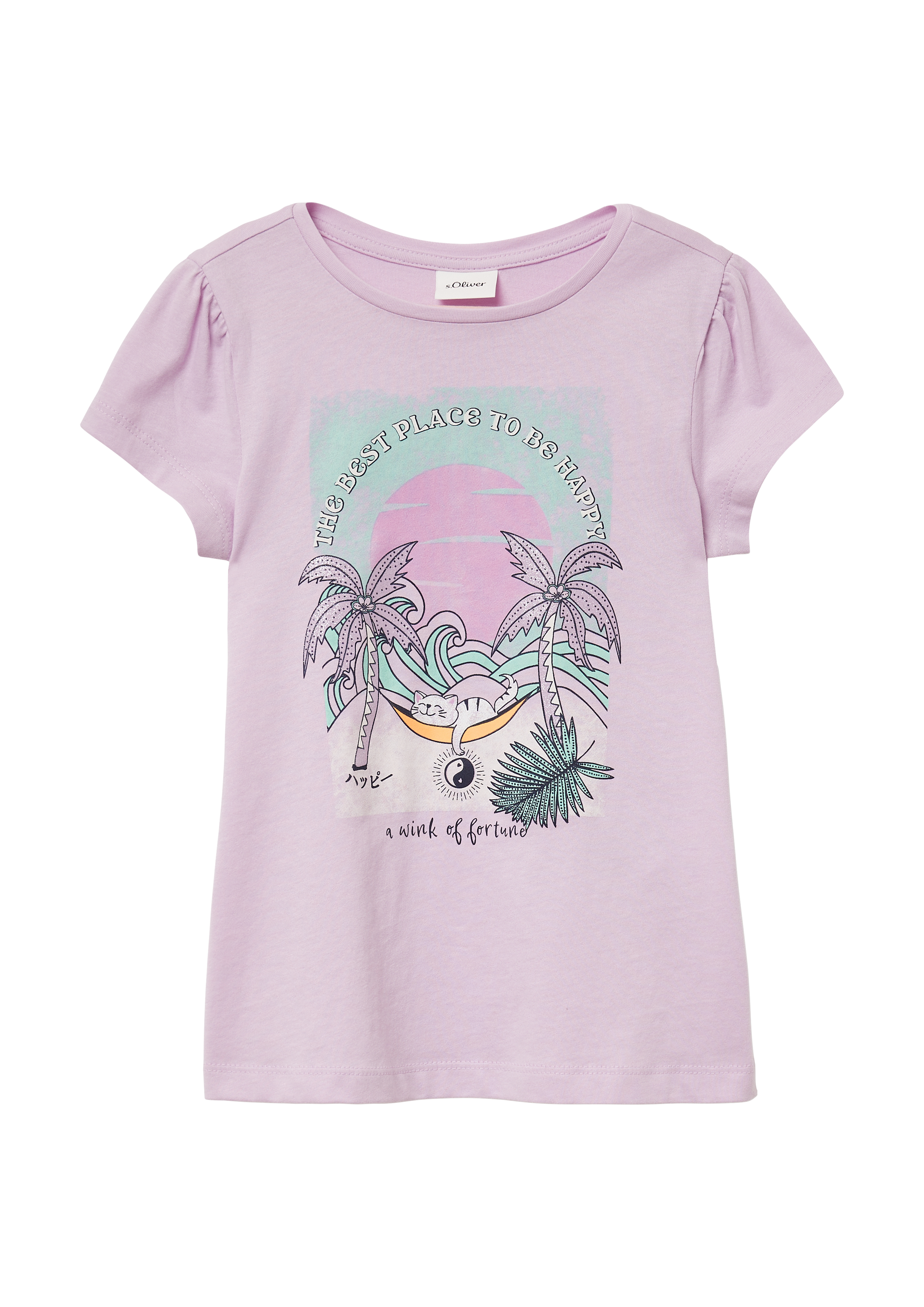 s.Oliver - Ausgestelltes T-Shirt mit Glitzerprint und Puffärmeln, Kinder, lila