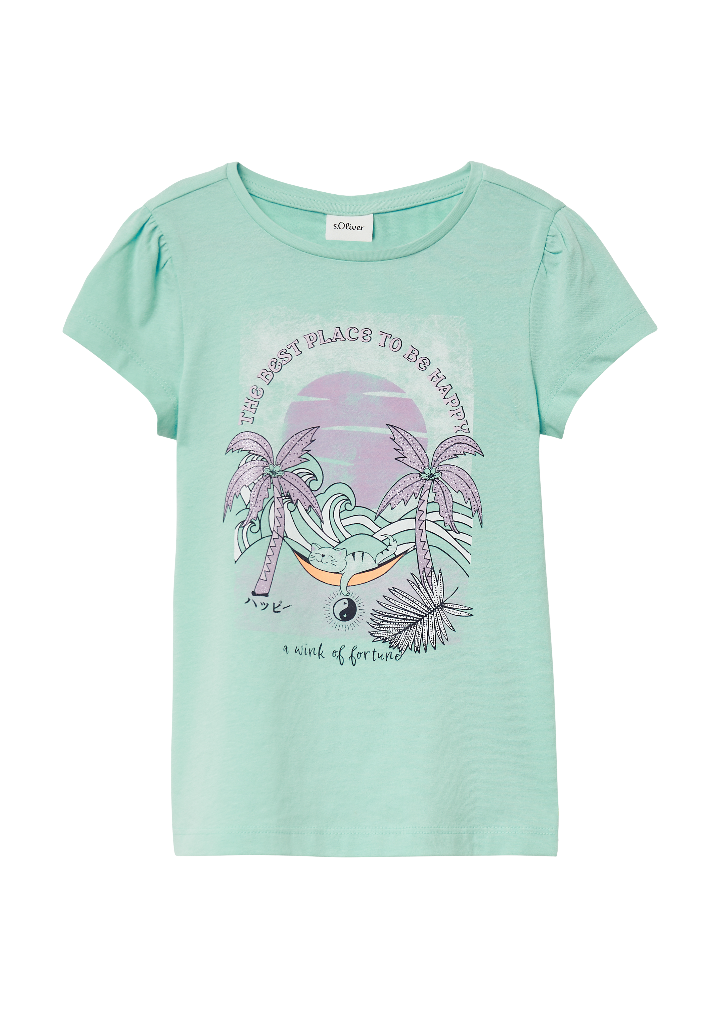 s.Oliver - Ausgestelltes T-Shirt mit Glitzerprint und Puffärmeln, Kinder, türkis