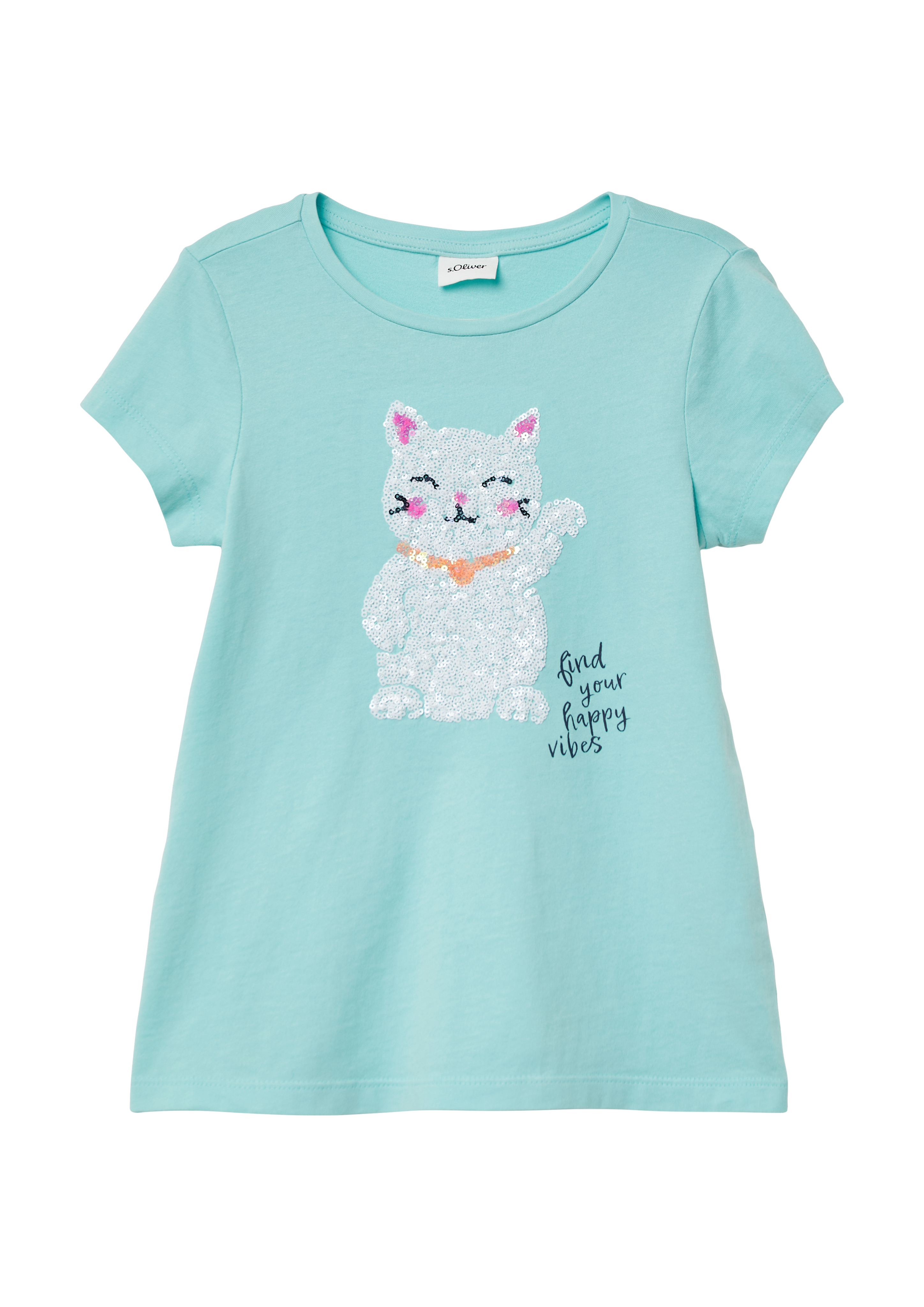 s.Oliver - T-Shirt mit Print und Pailletten, Kinder, türkis