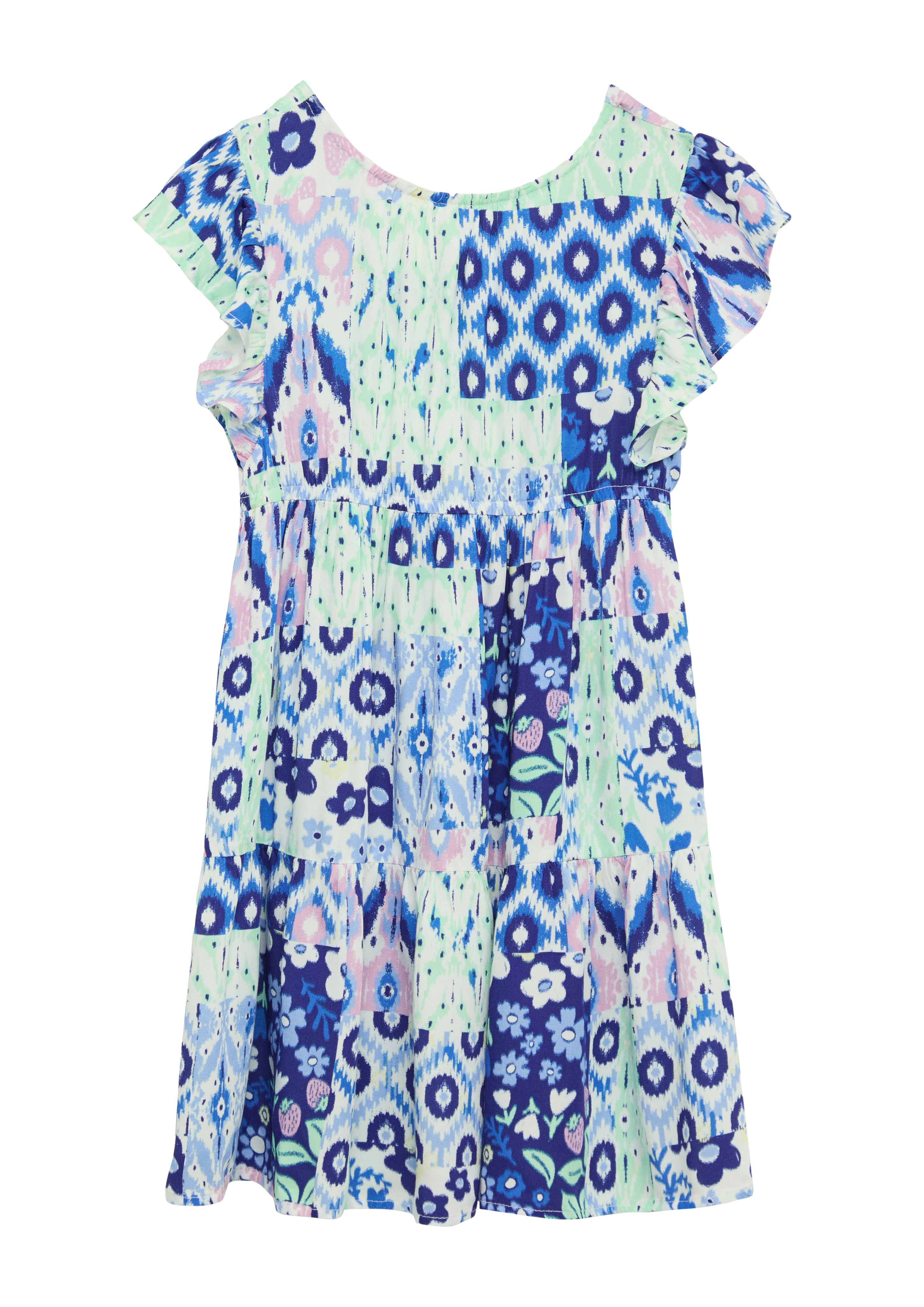 s.Oliver - Kurzes Viskose-Kleid mit Flügelärmeln und Rückenausschnitt, Kinder, blau|mehrfarbig