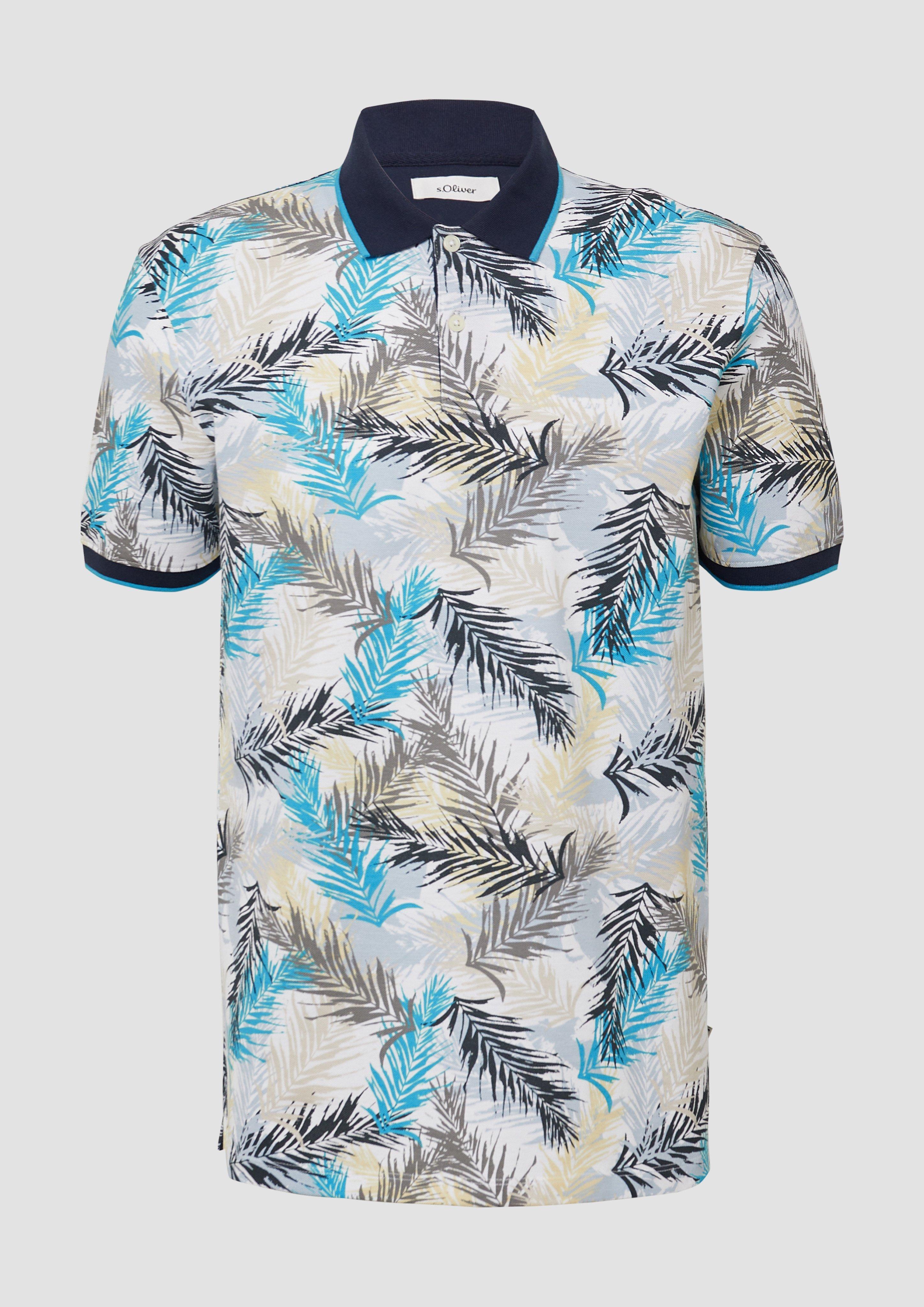 s.Oliver - Piqué-Poloshirt mit Print und Kontrast-Details, Herren, blau|mehrfarbig