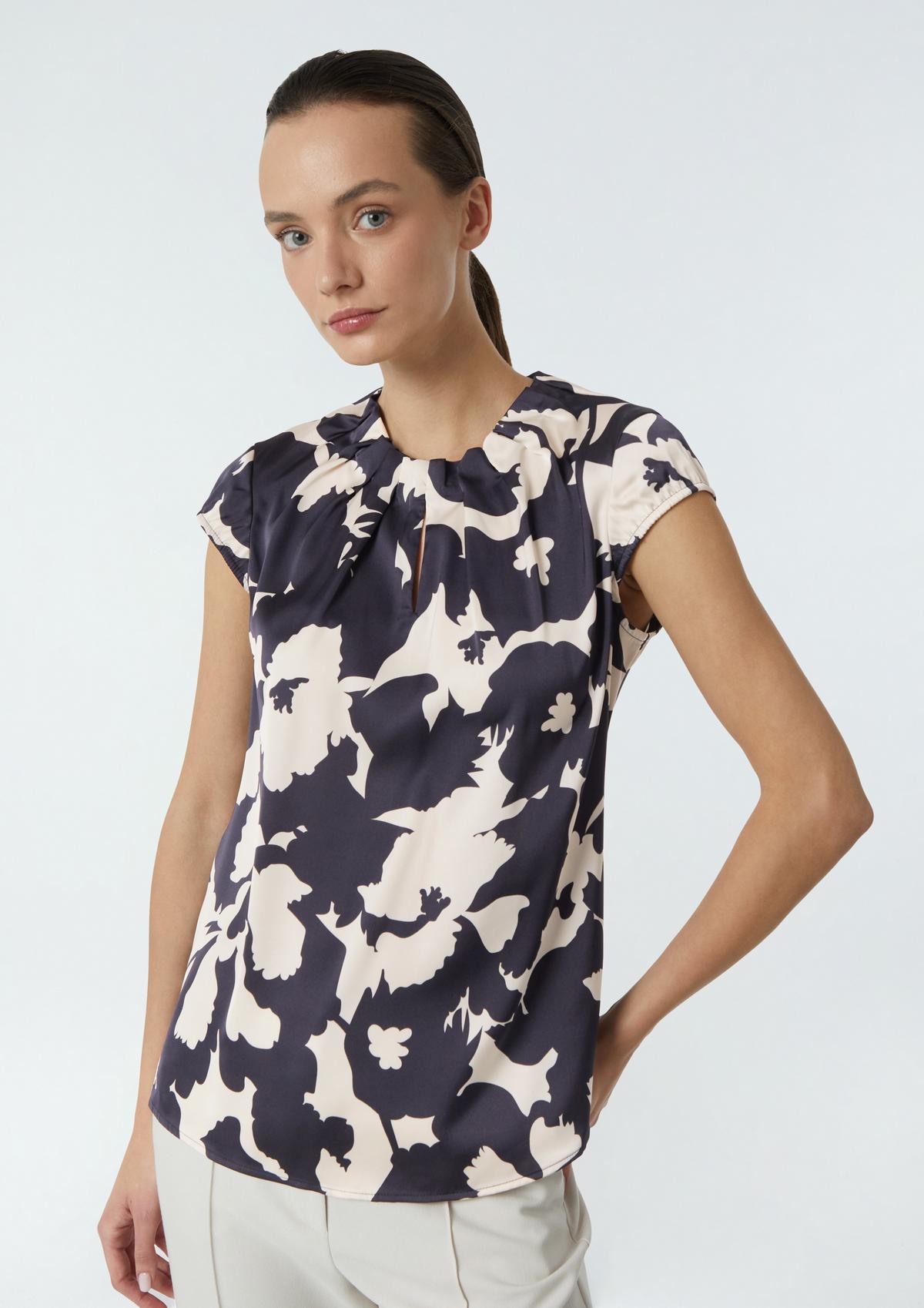 Patterned satin blouse with gathers - navy | Comma