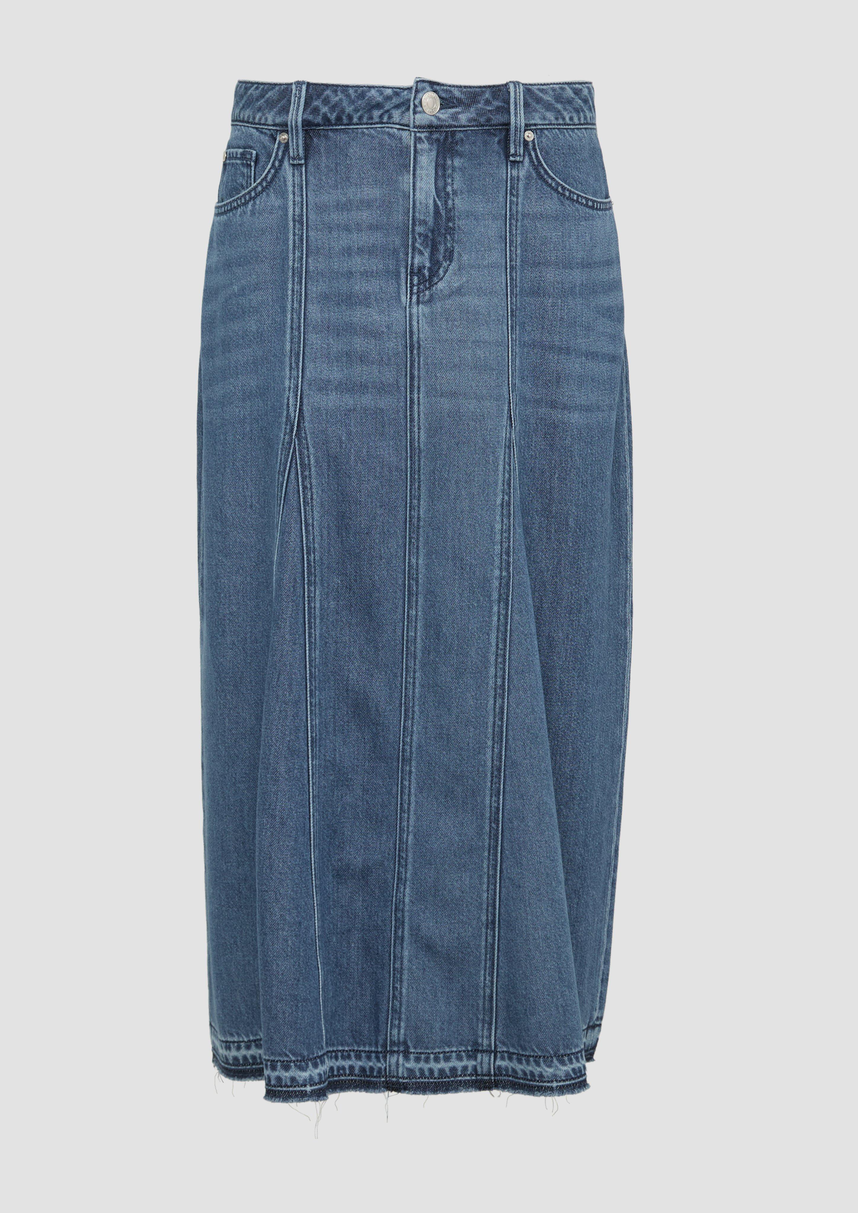 s.Oliver - Ausgestellter Midirock aus Denim mit ausgefranstem Saum, Damen, blau