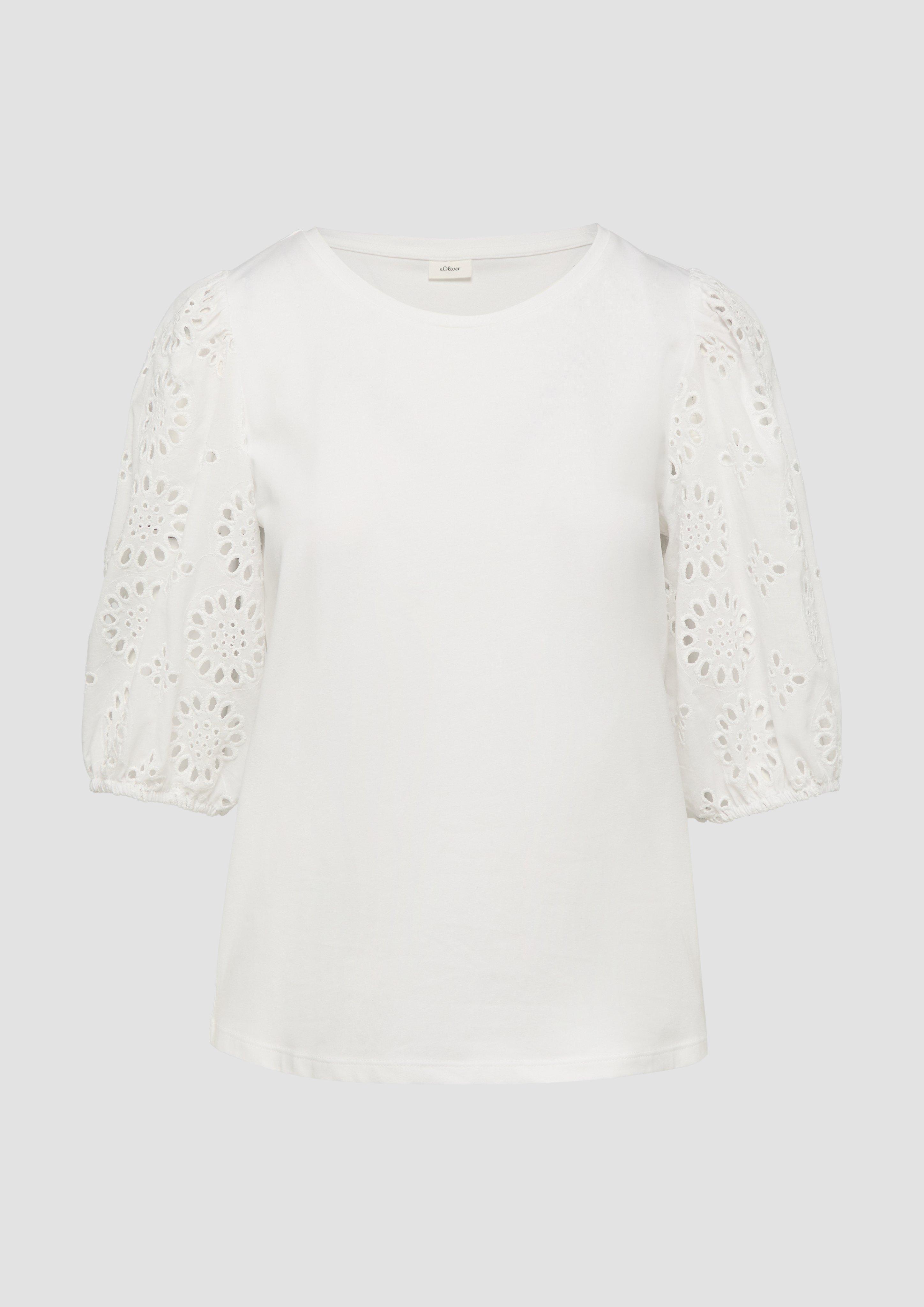 s.Oliver - T-Shirt mit Puffärmel aus Broderie Anglaise, Damen, weiß