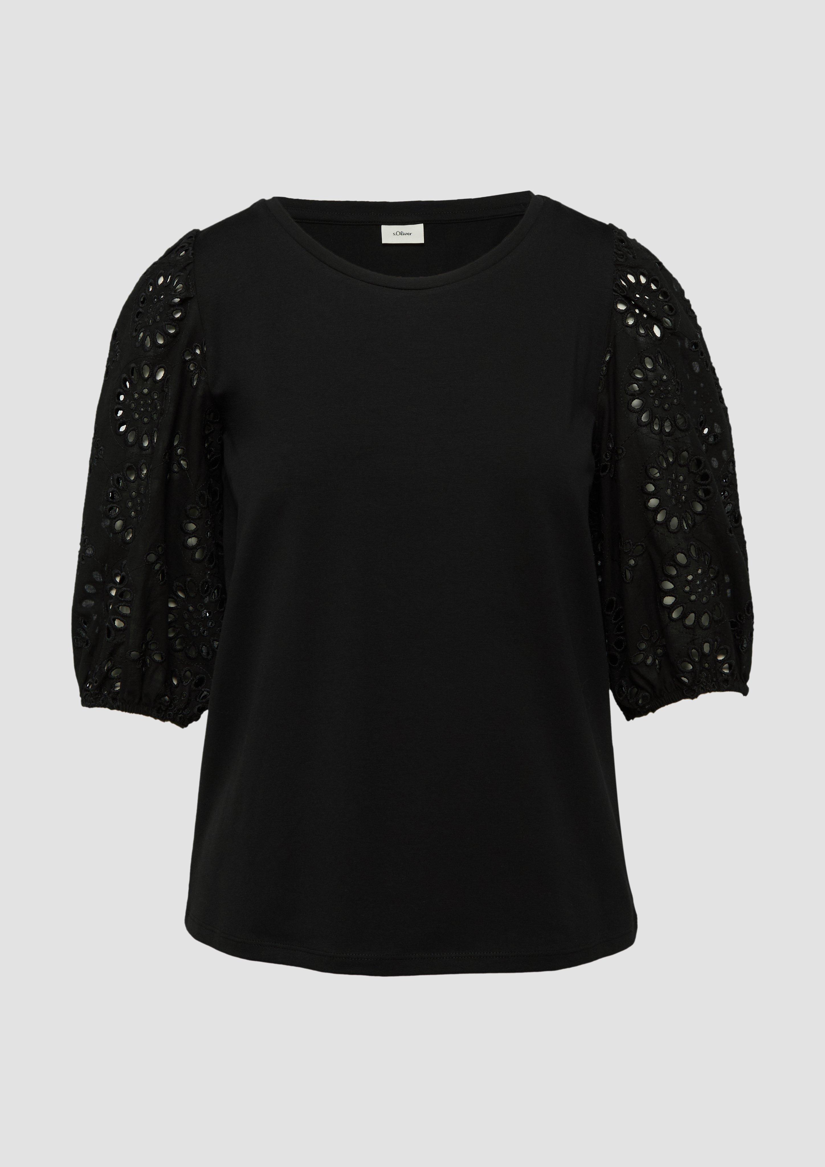 s.Oliver - T-Shirt mit Puffärmel aus Broderie Anglaise, Damen, schwarz