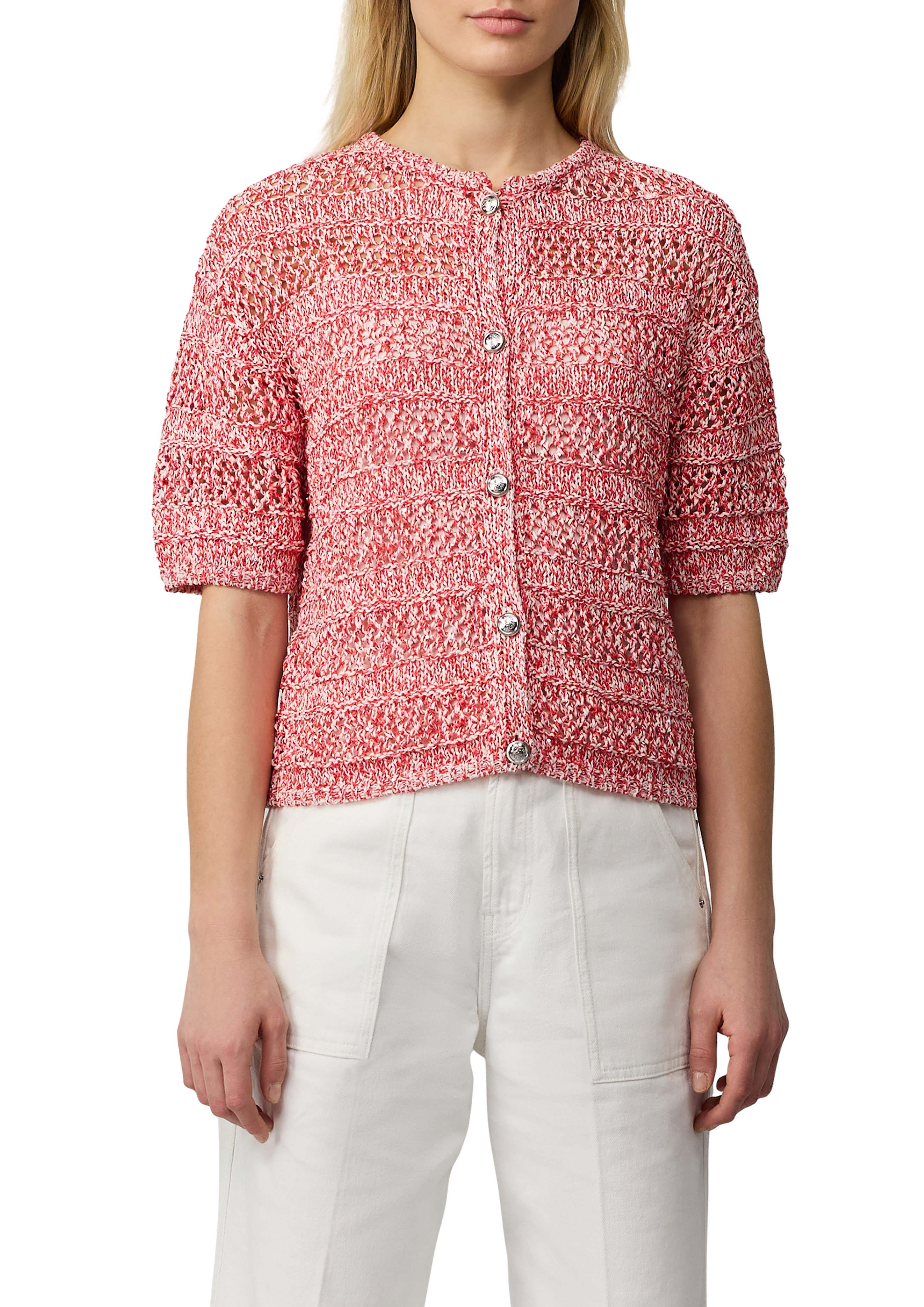 s.Oliver - Verkürzte Ajour-Strickjacke mit Glitzereffekt, Damen, rot