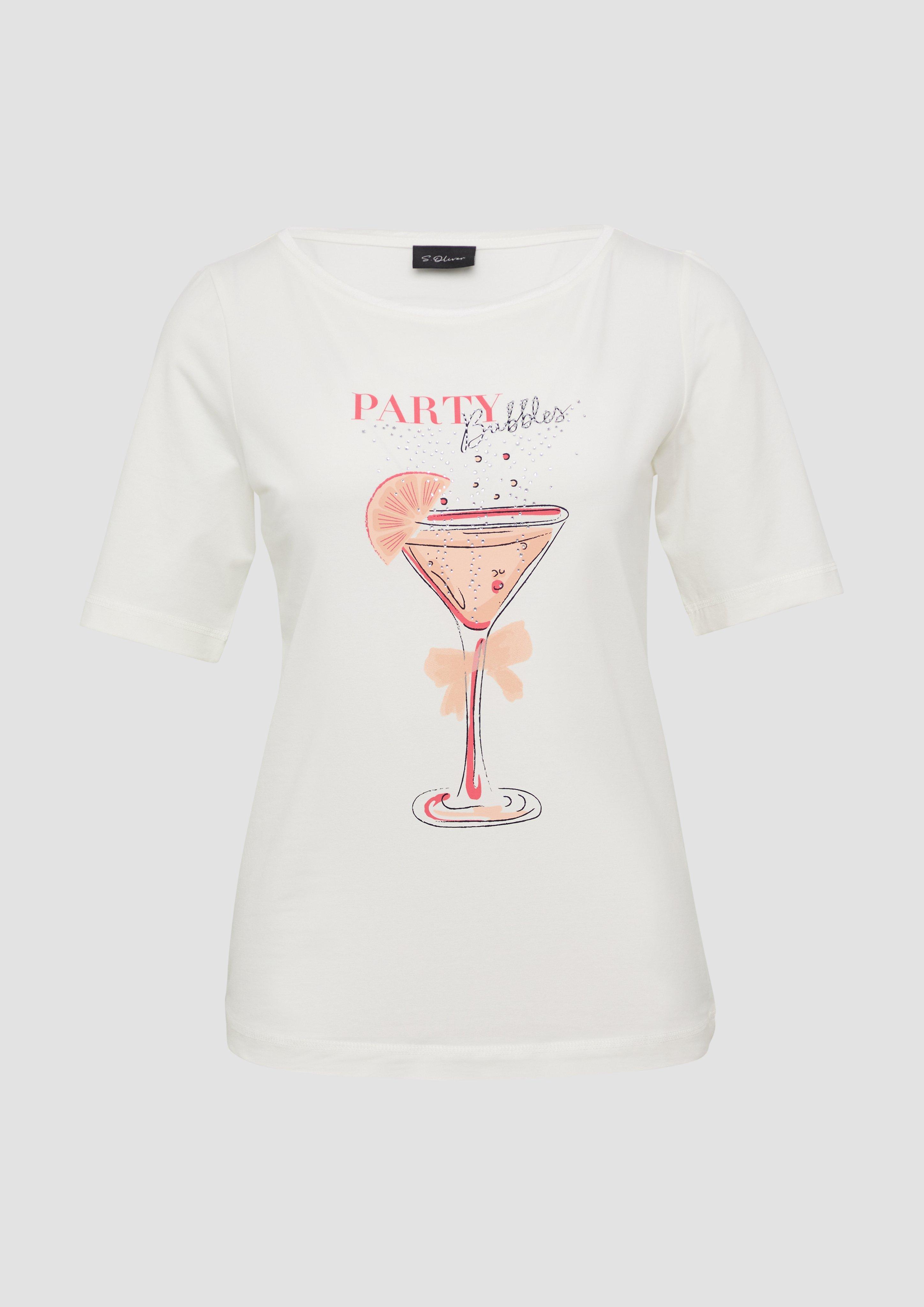 s.Oliver - Jersey-T-Shirt mit Frontprint und Schmucksteinen, Damen, creme
