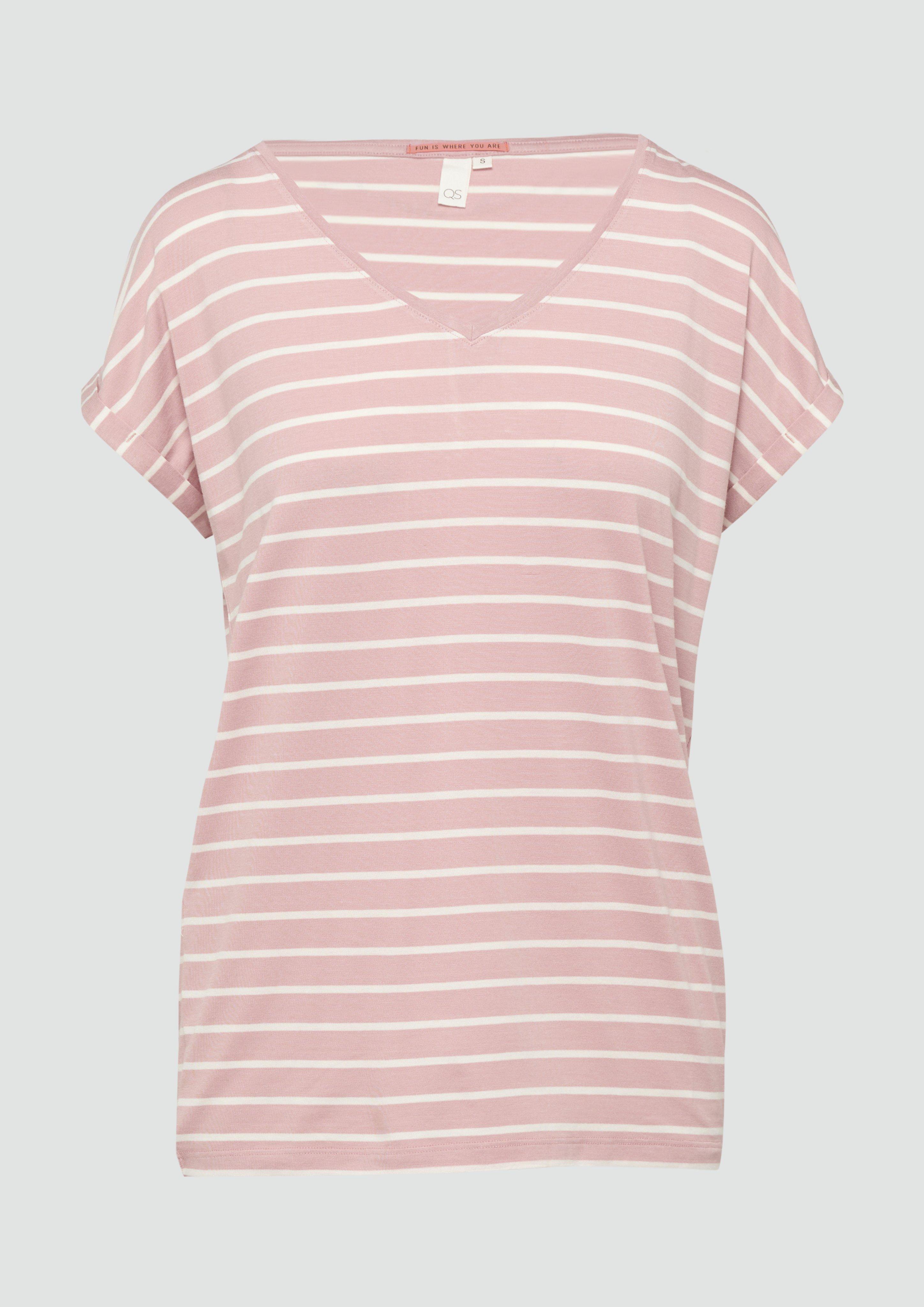 QS - T-Shirt aus Modalmix mit Ringelmuster, Damen, Rosa