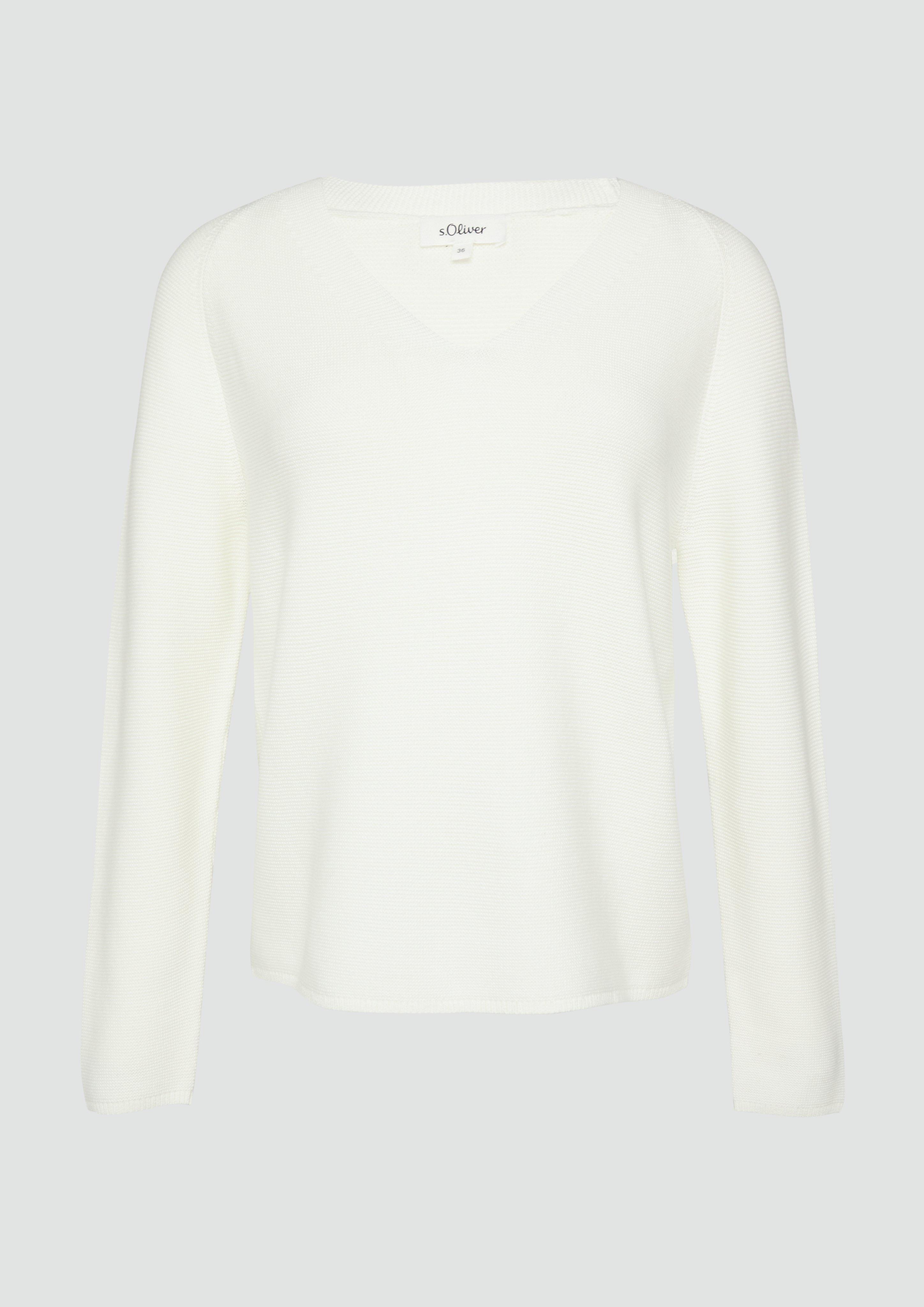 s.Oliver - Gerippter Strickpullover aus Baumwollmix mit V-Ausschnitt, Damen, creme