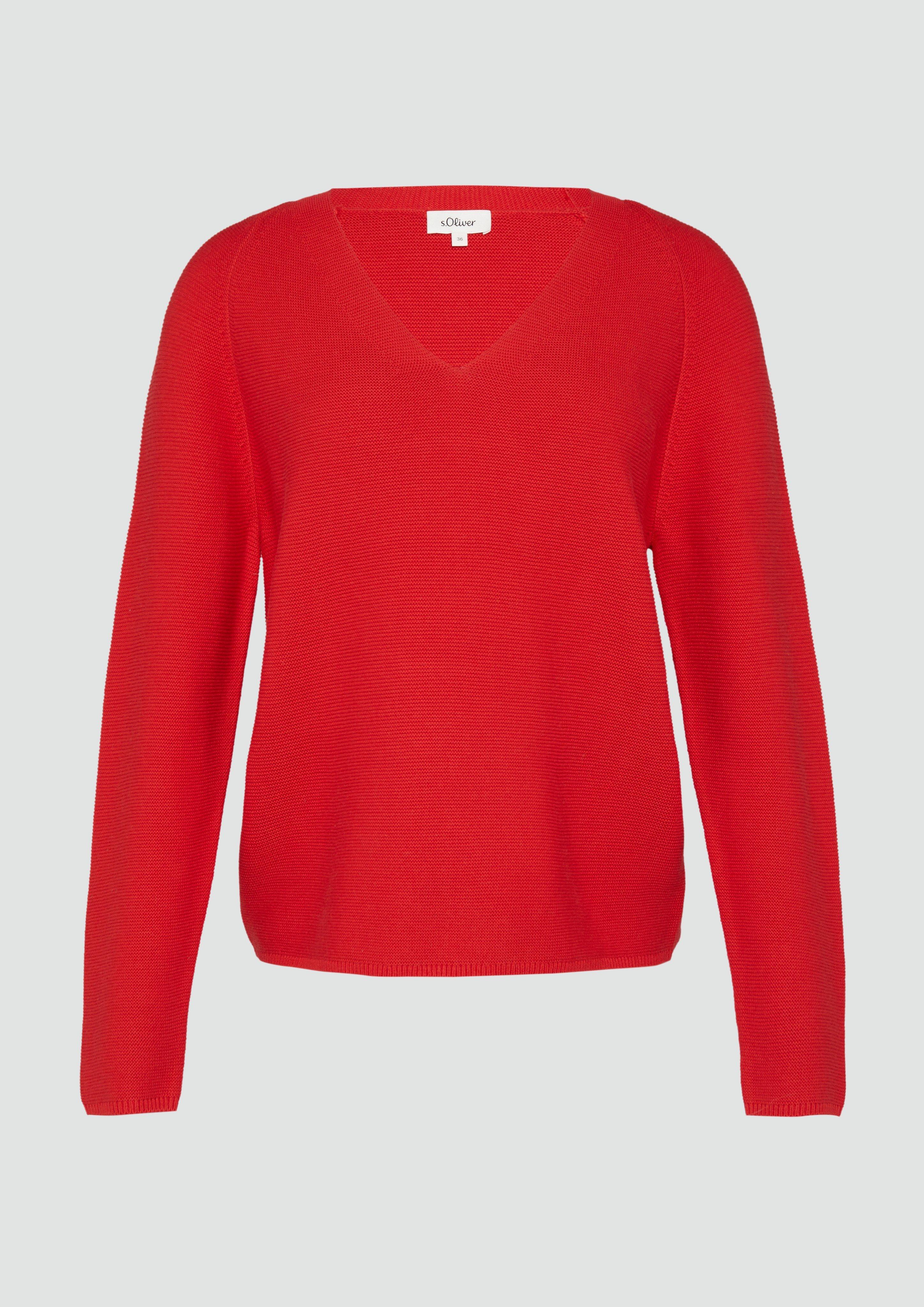 s.Oliver - Gerippter Strickpullover aus Baumwollmix mit V-Ausschnitt, Damen, rot