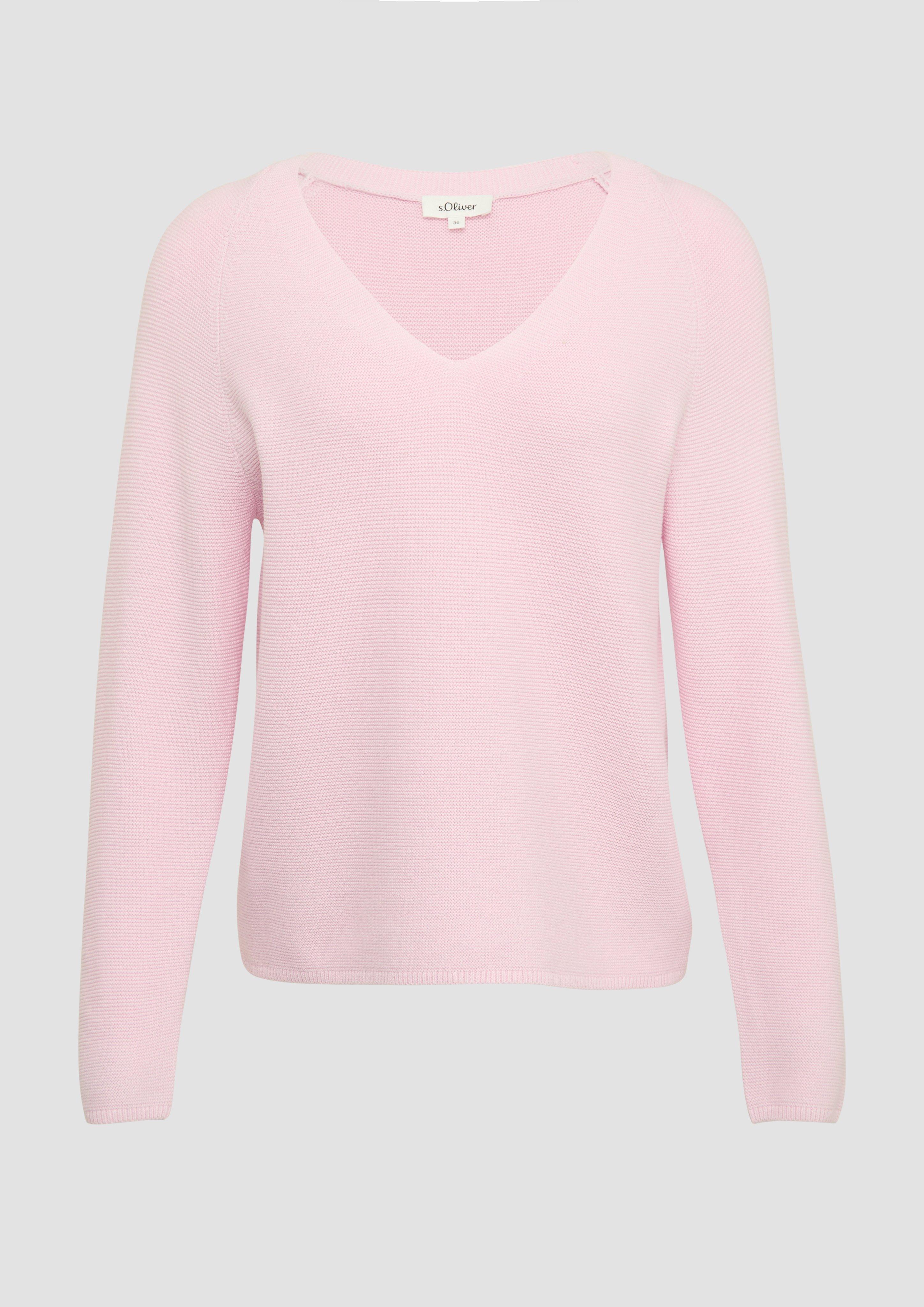 s.Oliver - Gerippter Strickpullover aus Baumwollmix mit V-Ausschnitt, Damen, Rosa