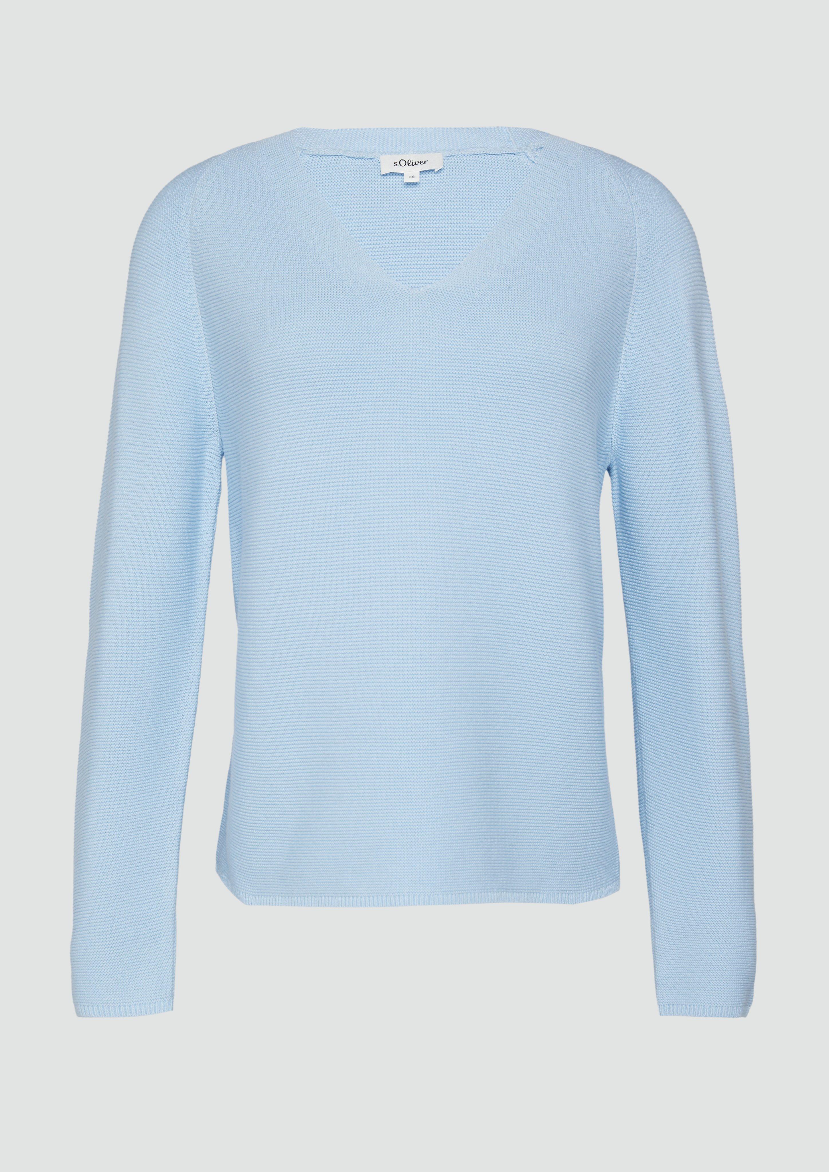 Thumbnail - s.Oliver - Gerippter Strickpullover aus Baumwollmix mit V-Ausschnitt, Damen, blau