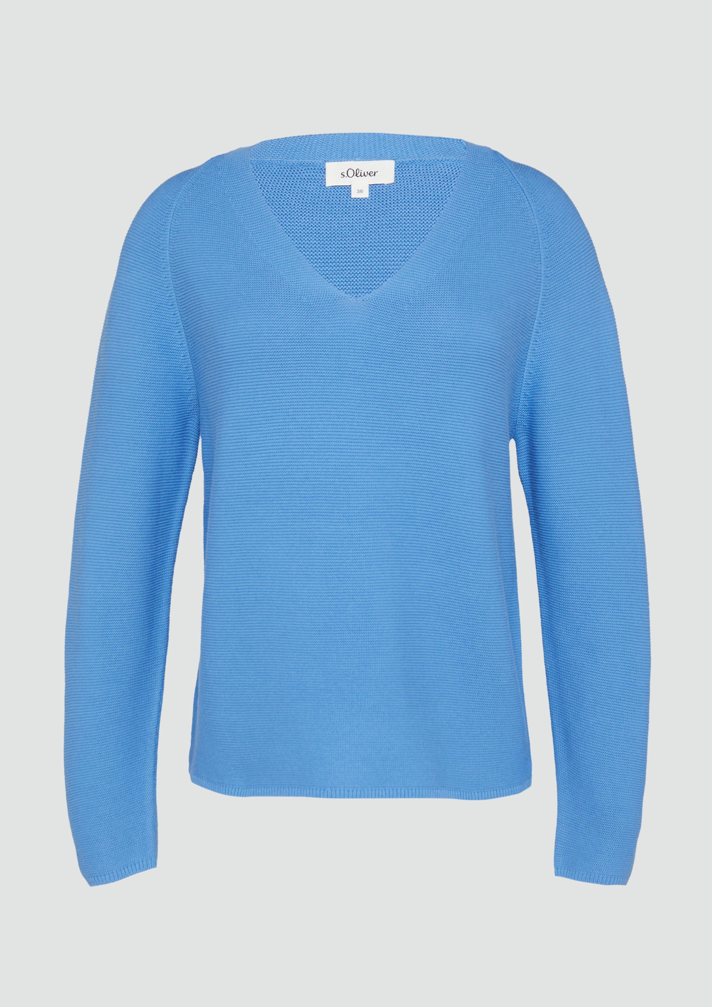 s.Oliver - Gerippter Strickpullover aus Baumwollmix mit V-Ausschnitt, Damen, blau