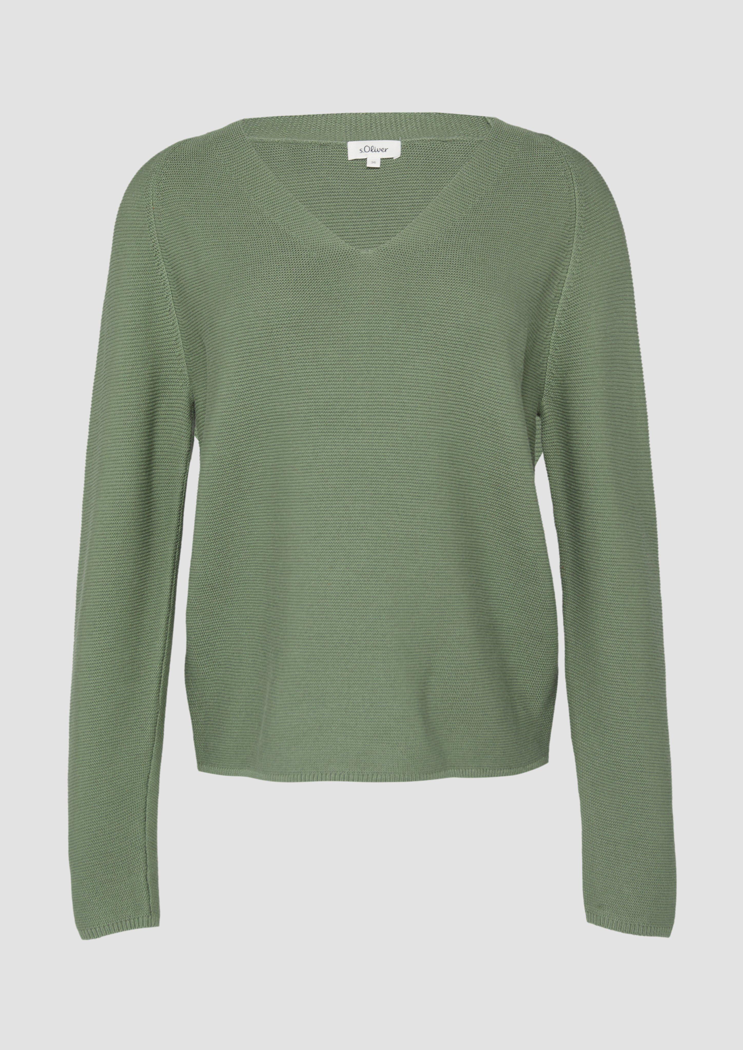 s.Oliver - Gerippter Strickpullover aus Baumwollmix mit V-Ausschnitt, Damen, grün|olive