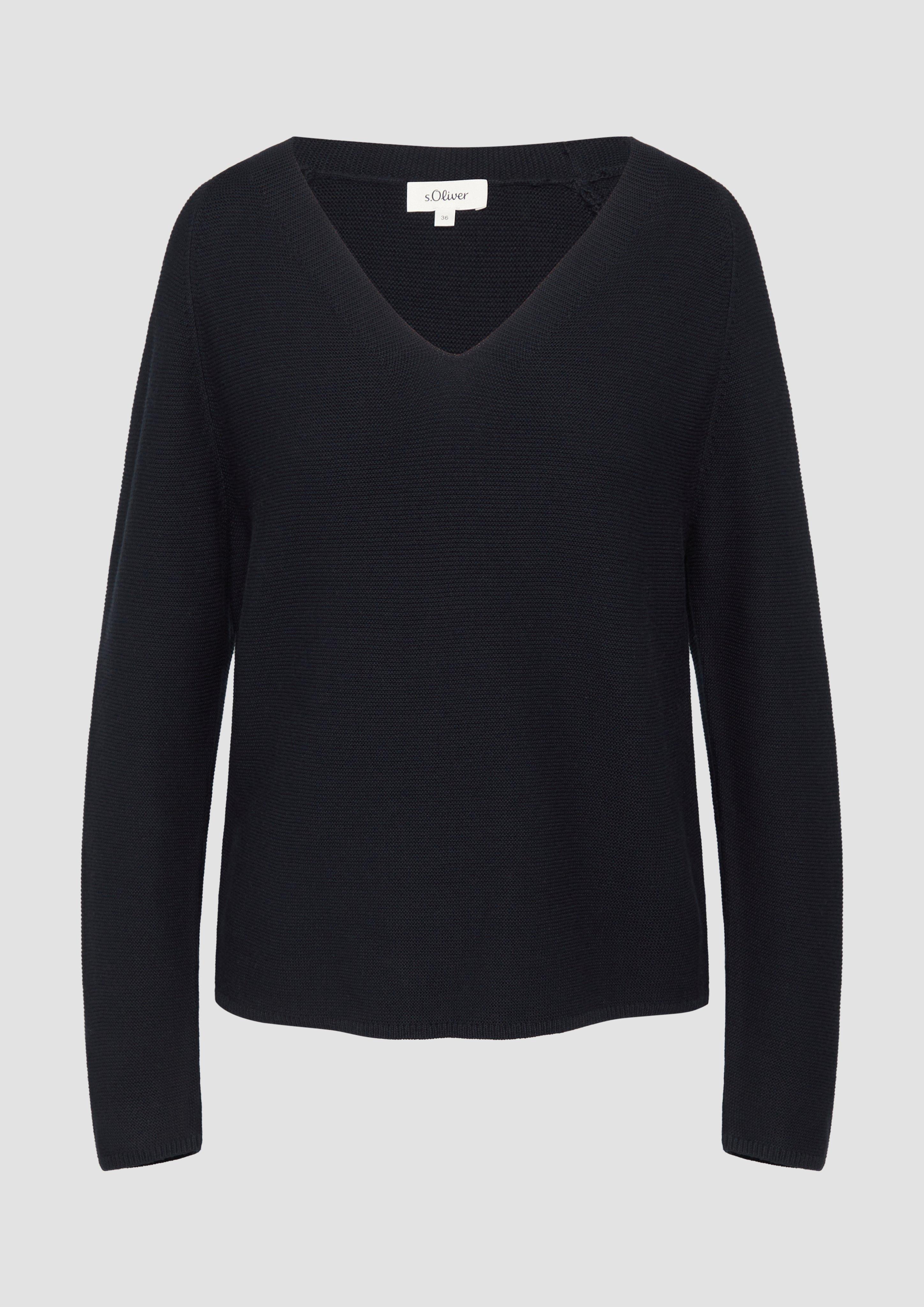 s.Oliver - Gerippter Strickpullover aus Baumwollmix mit V-Ausschnitt, Damen, blau
