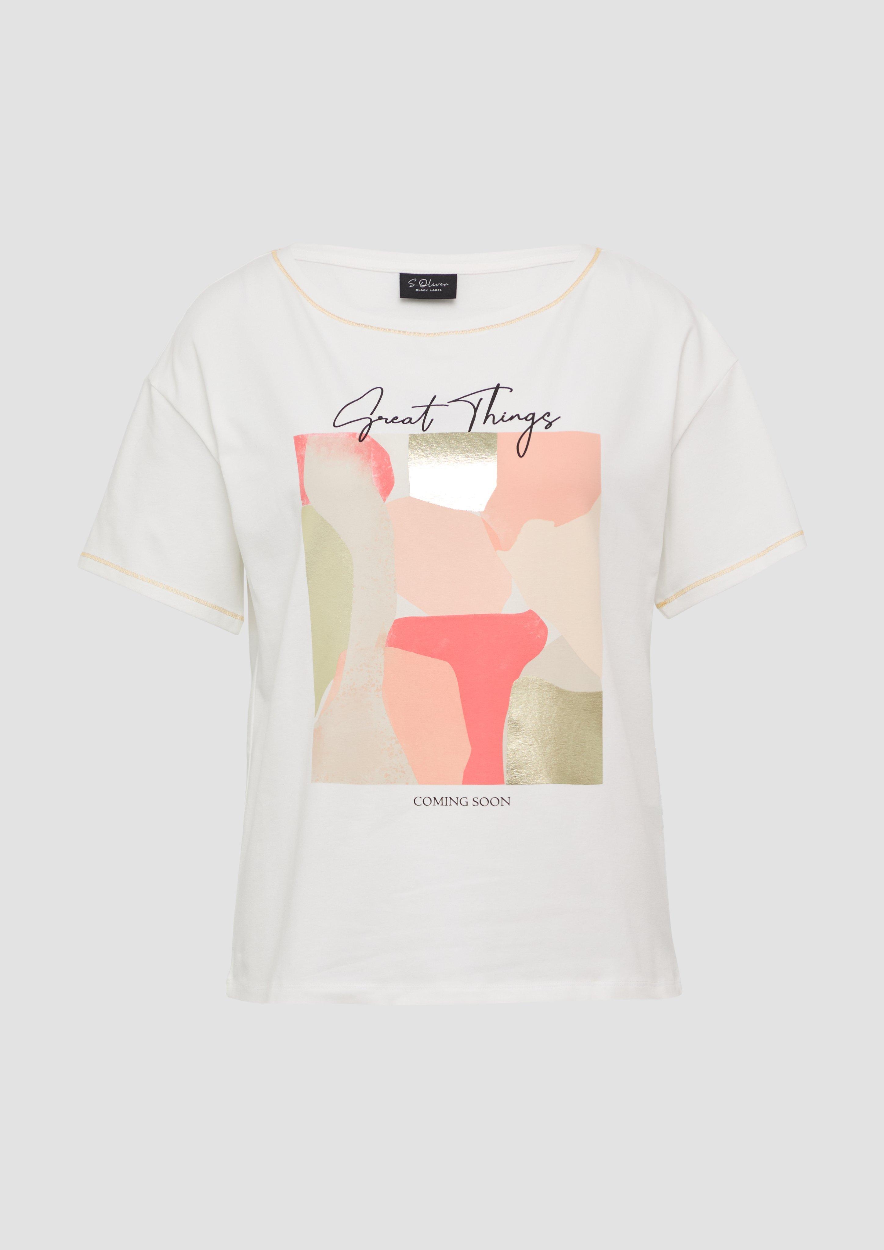s.Oliver - T-Shirt im Loose Fit mit Kontrastnähten und Frontprint, Damen, creme