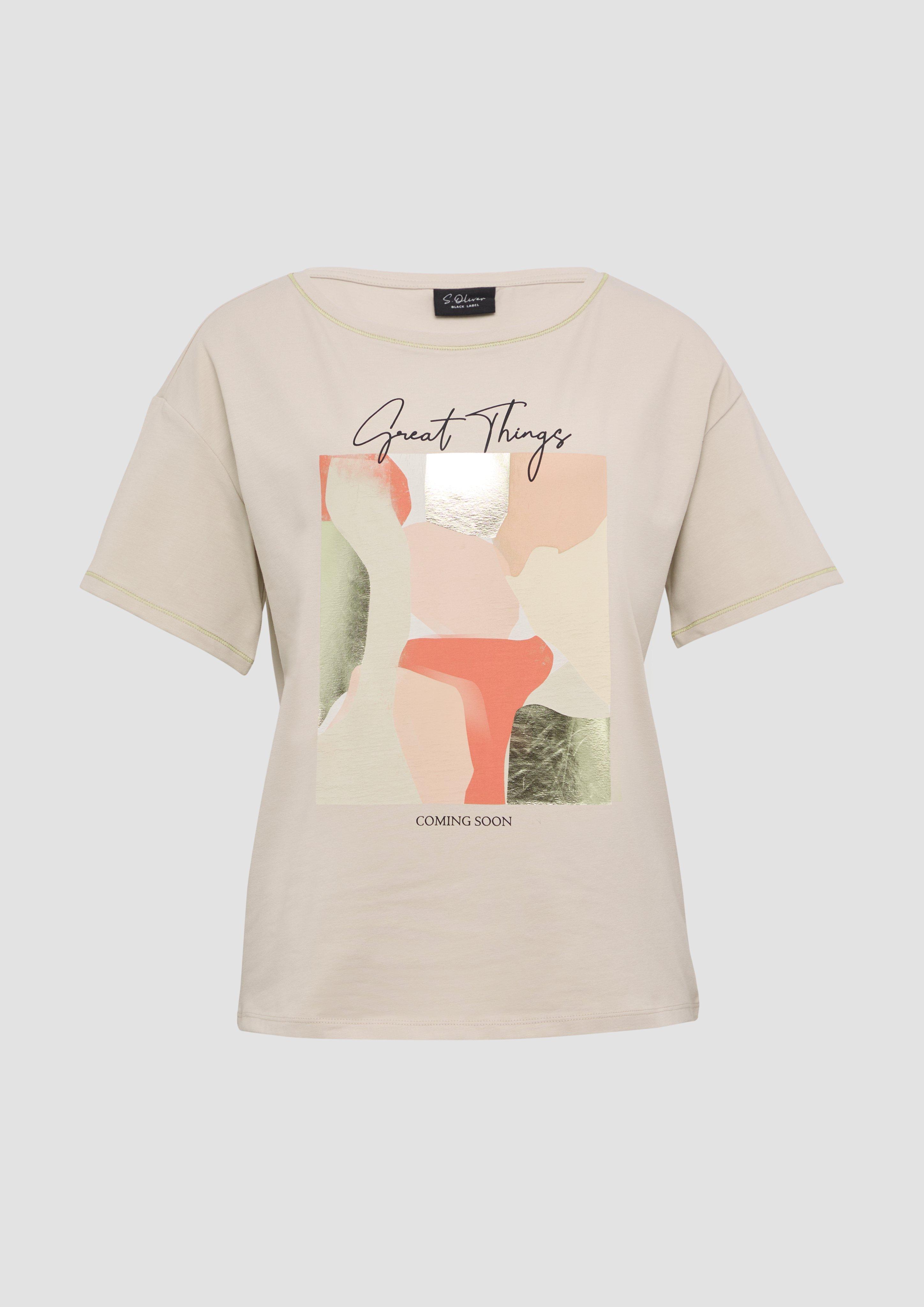 s.Oliver - T-Shirt im Loose Fit mit Kontrastnähten und Frontprint, Damen, Beige