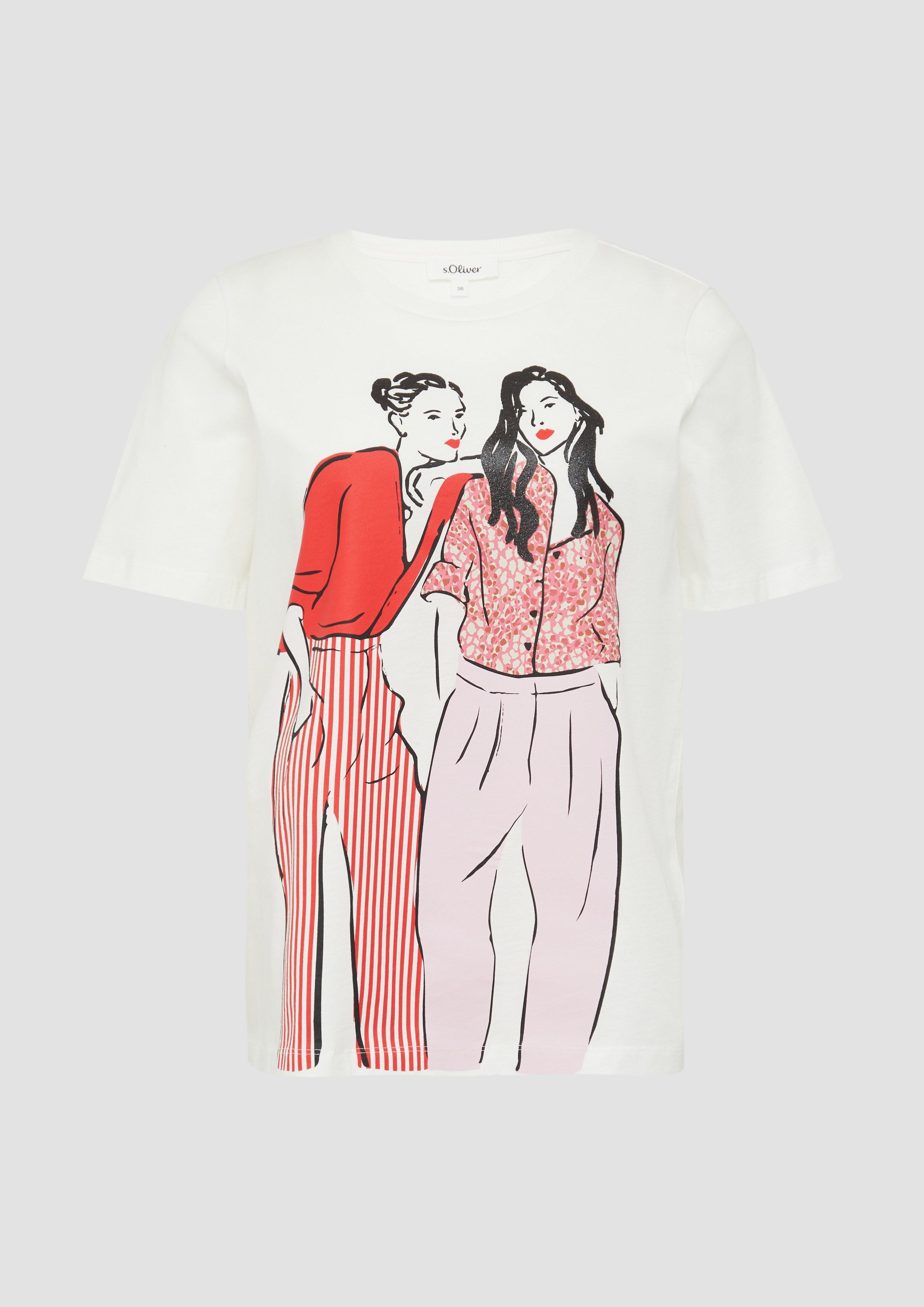 s.Oliver - Baumwoll-T-Shirt im Relaxed Fit mit Frontprint, Damen, creme