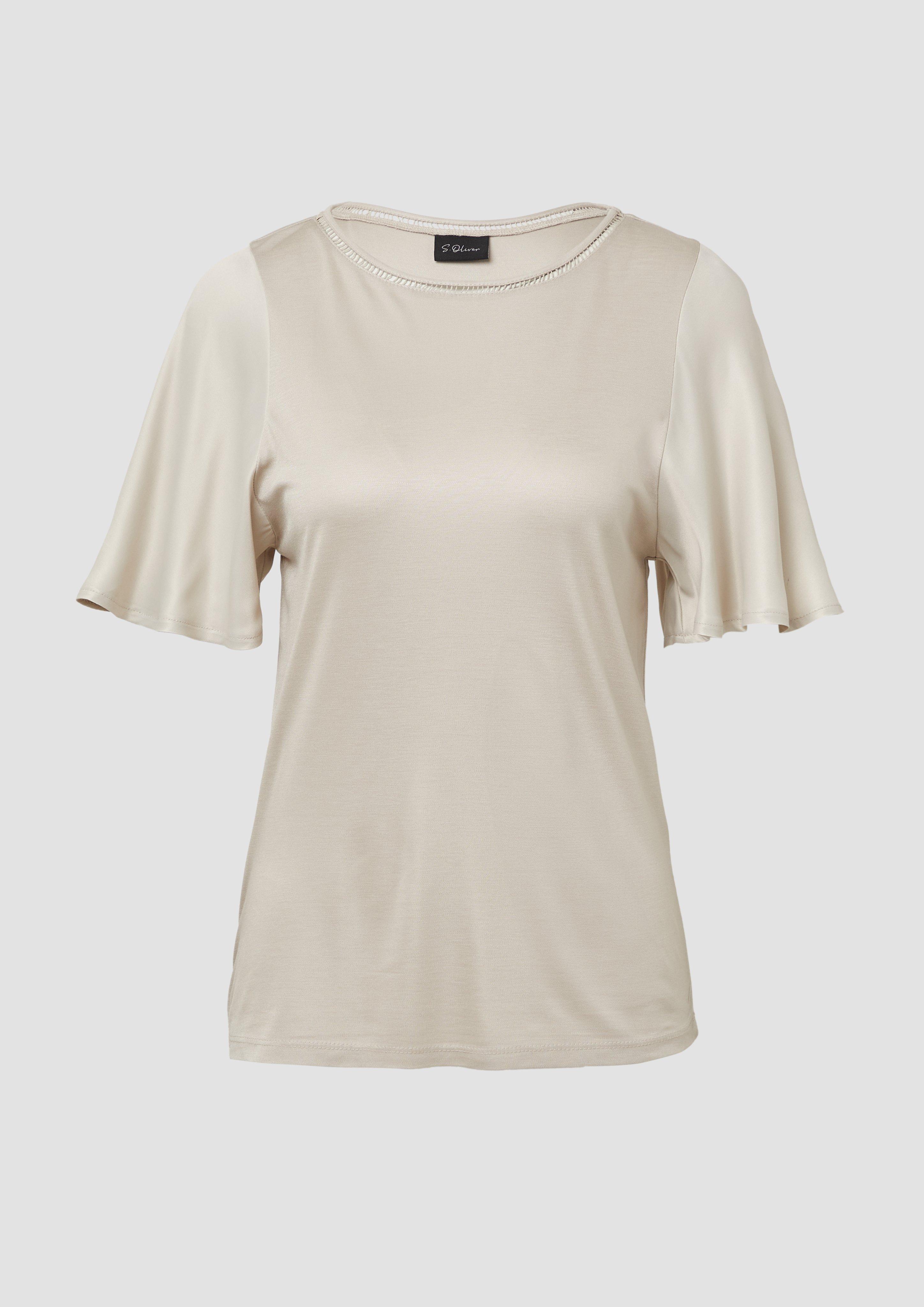 s.Oliver - Viskose-T-Shirt mit Rundhalsausschnitt und Satin-Ärmeln, Damen, Beige