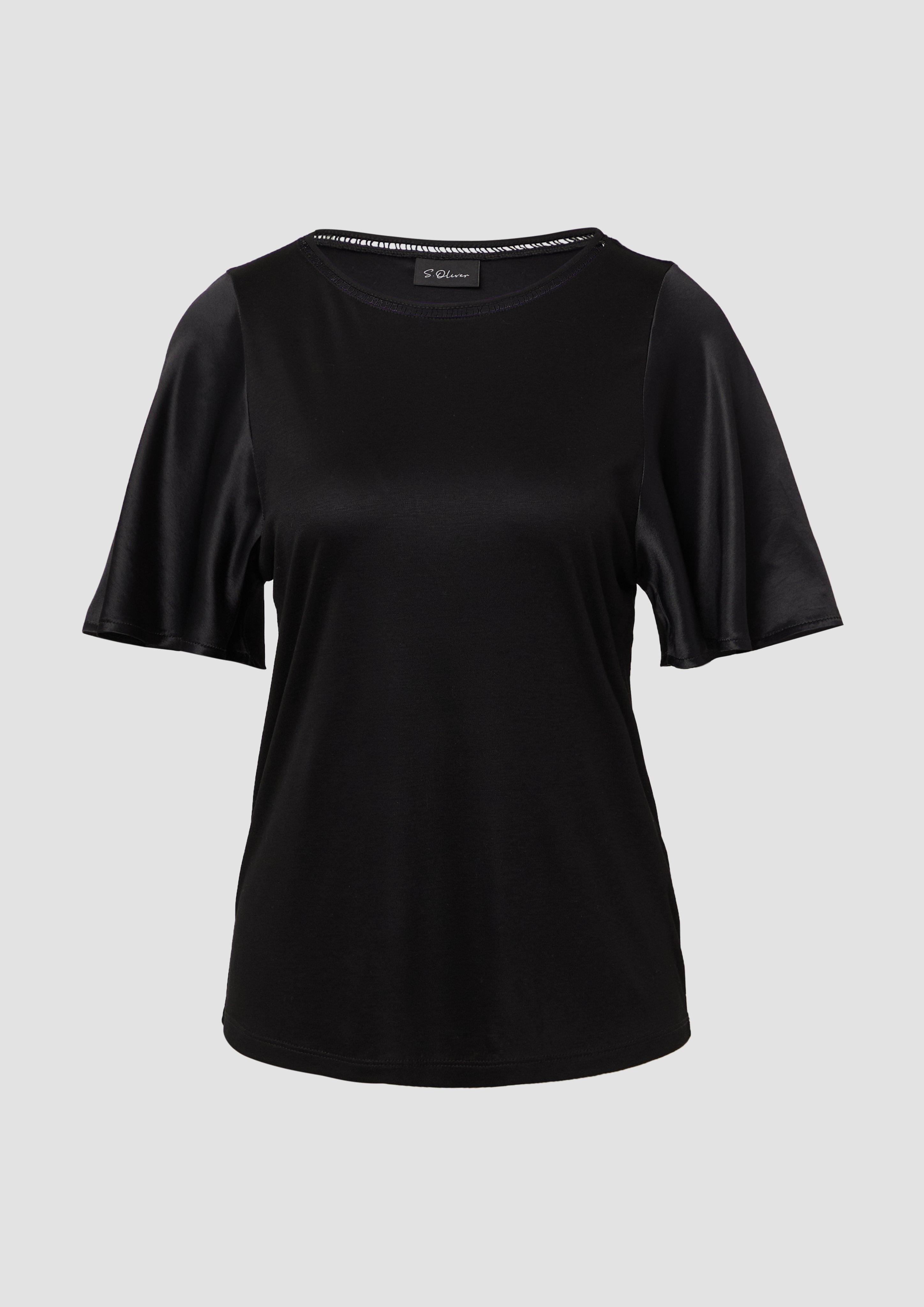 s.Oliver - Viskose-T-Shirt mit Rundhalsausschnitt und Satin-Ärmeln, Damen, schwarz