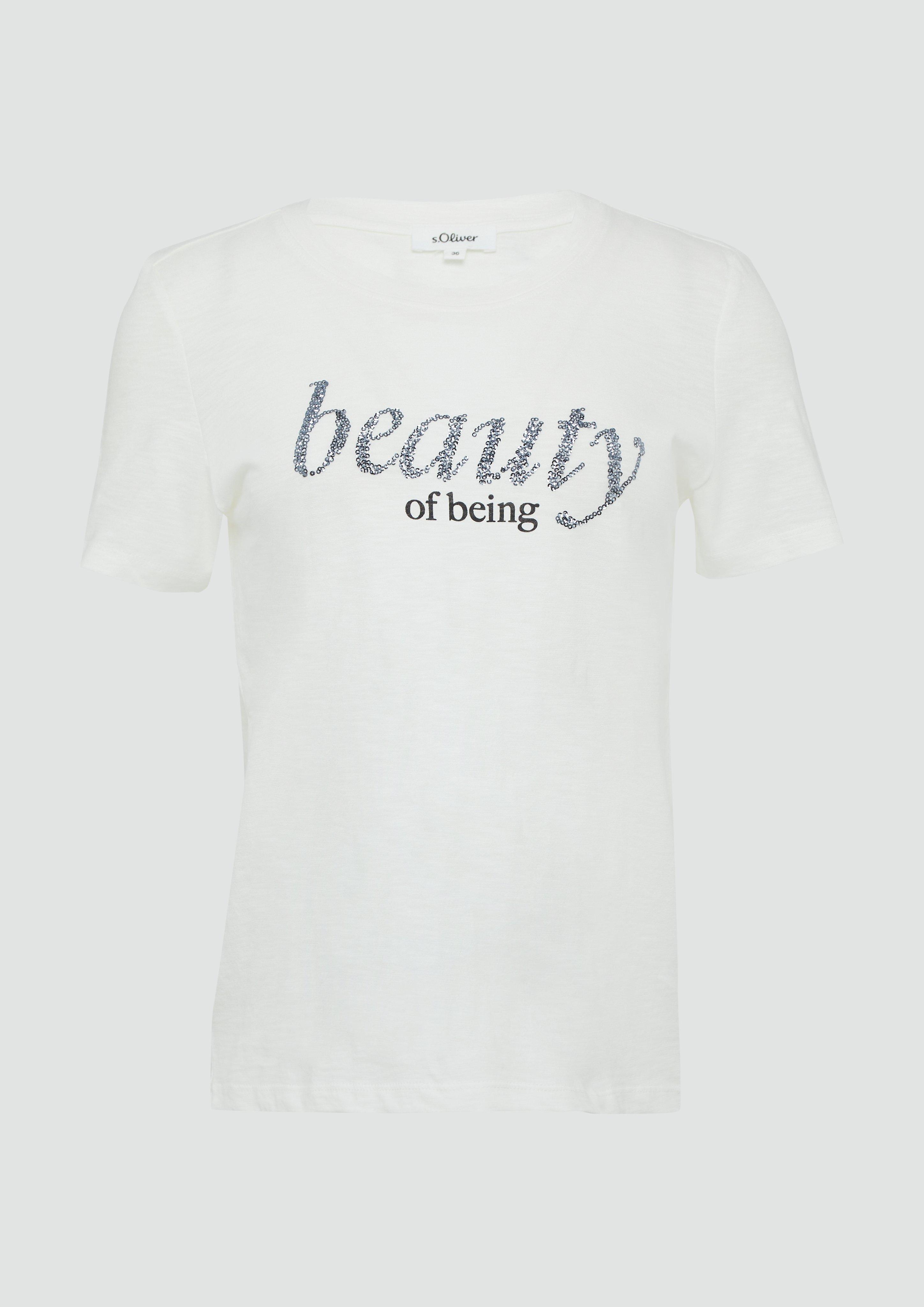 s.Oliver - Jersey-T-Shirt mit Schriftprint und Pailletten, Damen, creme