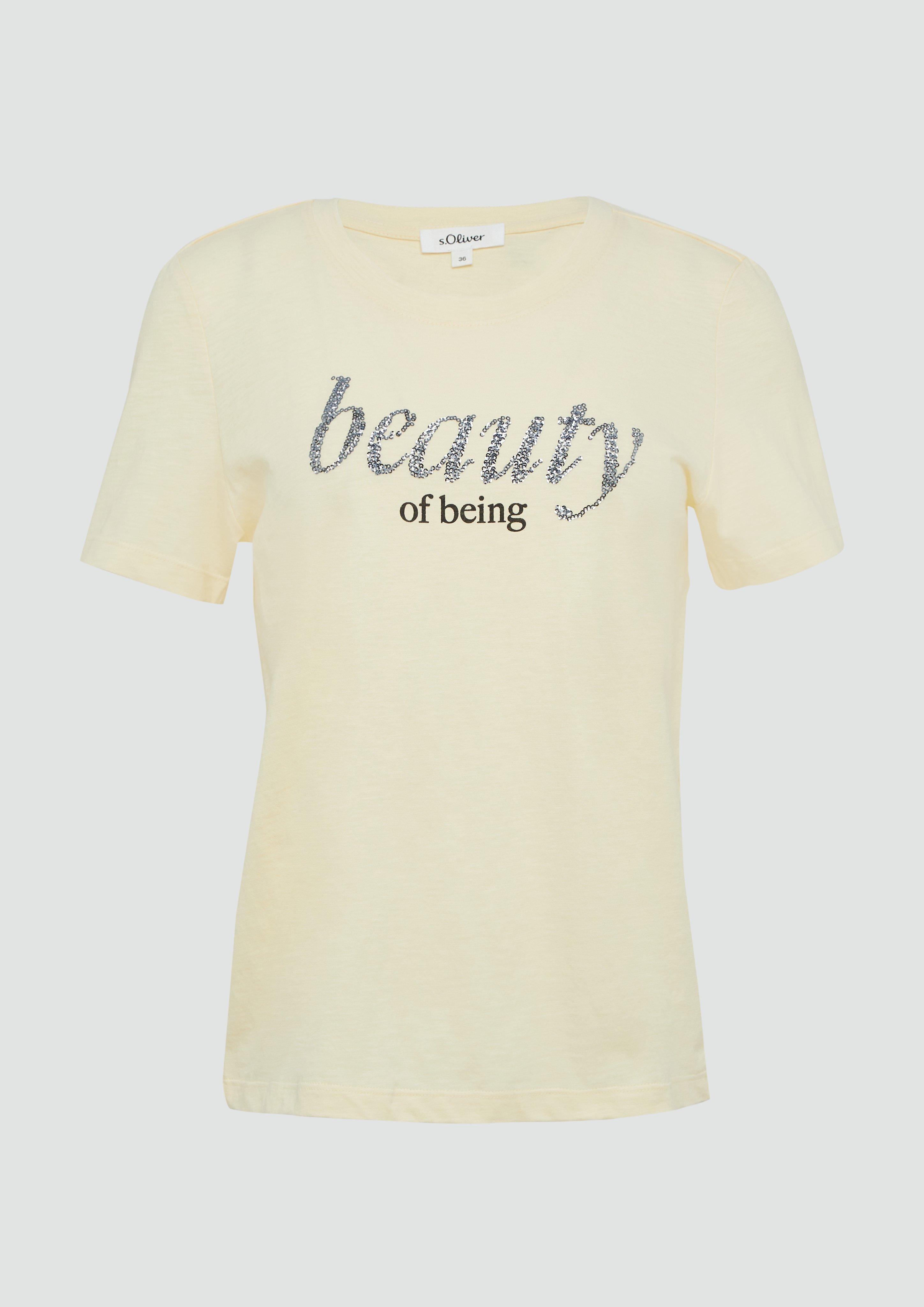 s.Oliver - Jersey-T-Shirt mit Schriftprint und Pailletten, Damen, gelb