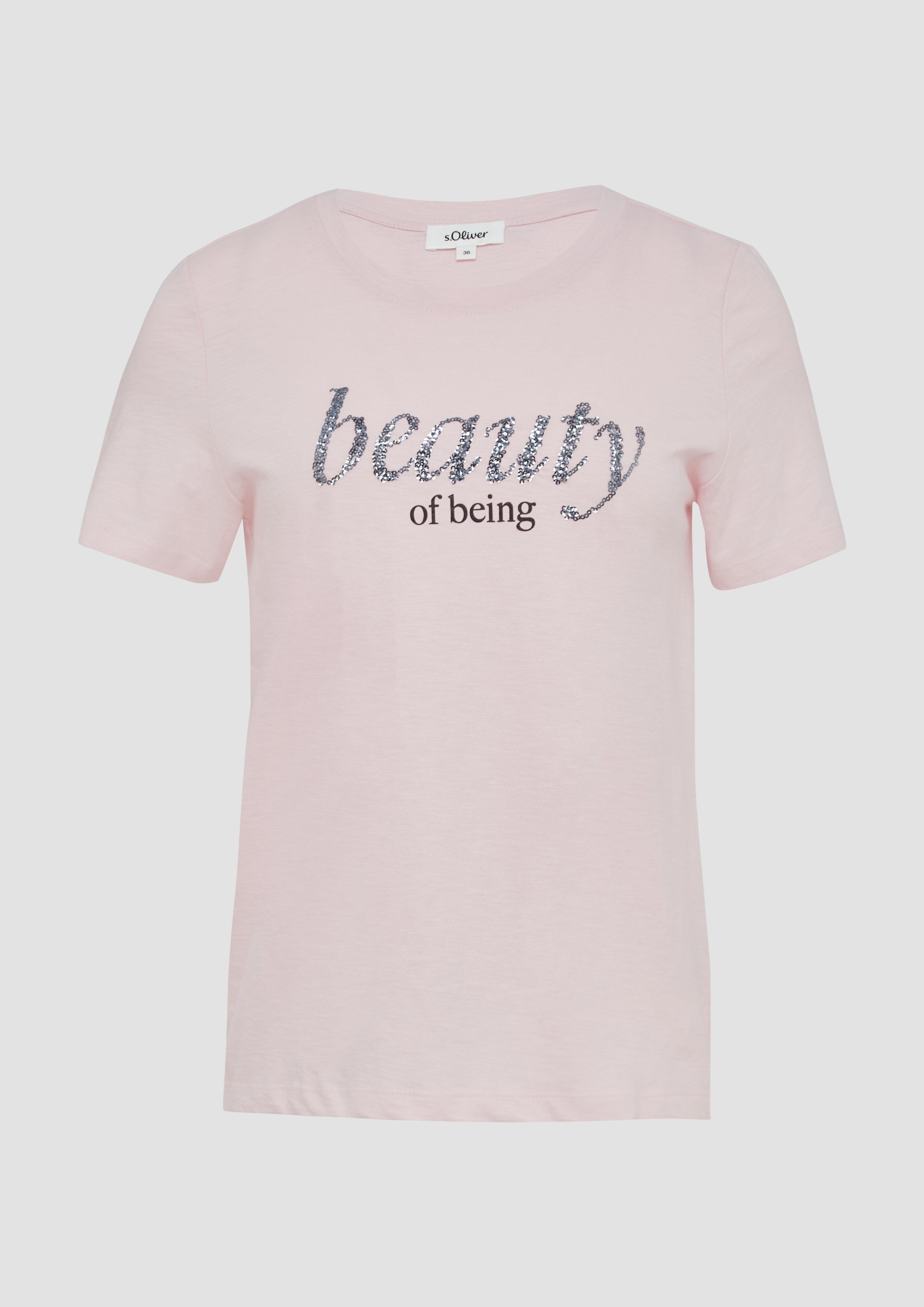 s.Oliver - Jersey-T-Shirt mit Schriftprint und Pailletten, Damen, Rosa