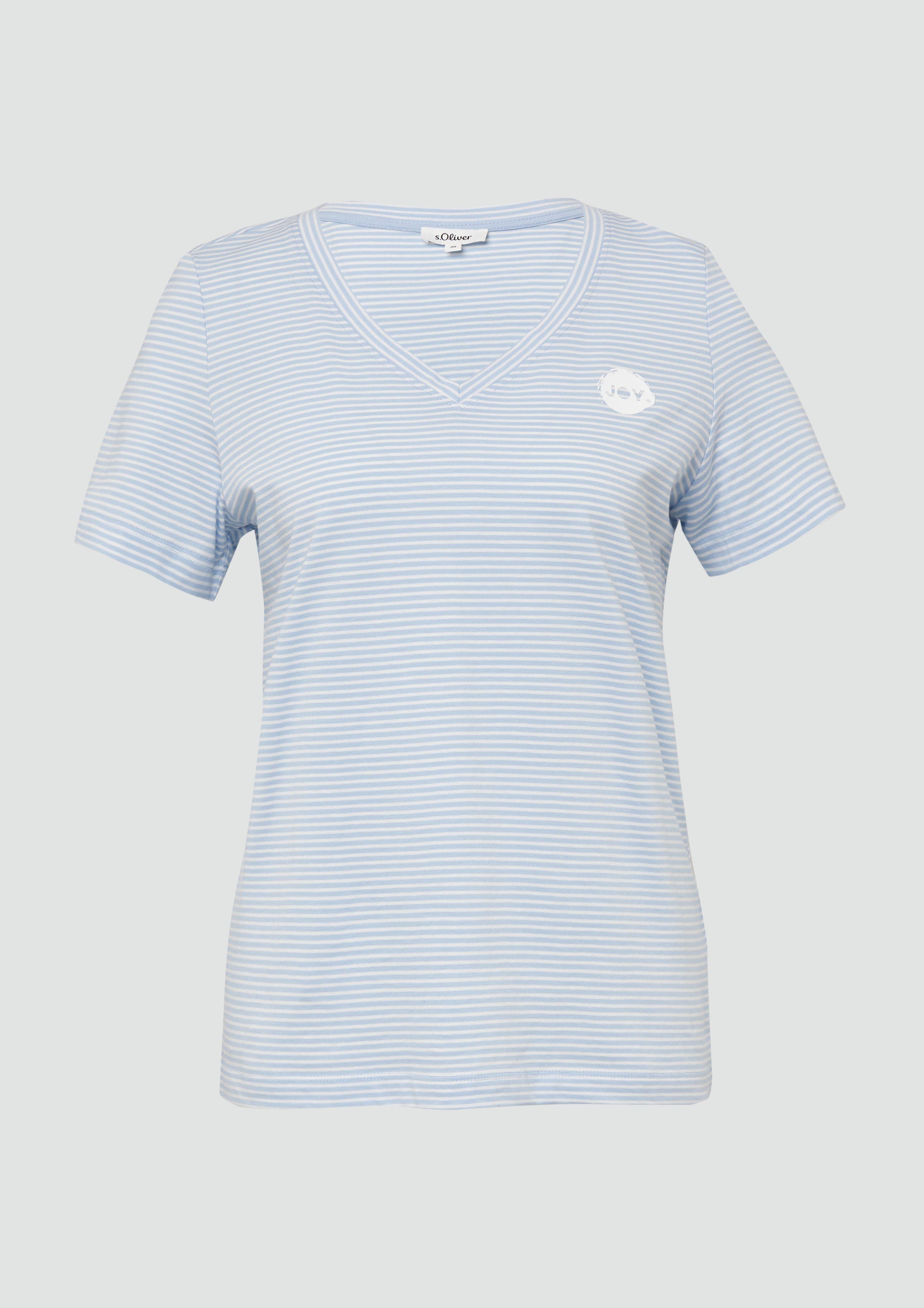 s.Oliver - T-Shirt mit V-Ausschnitt und Print-Detail, Damen, blau