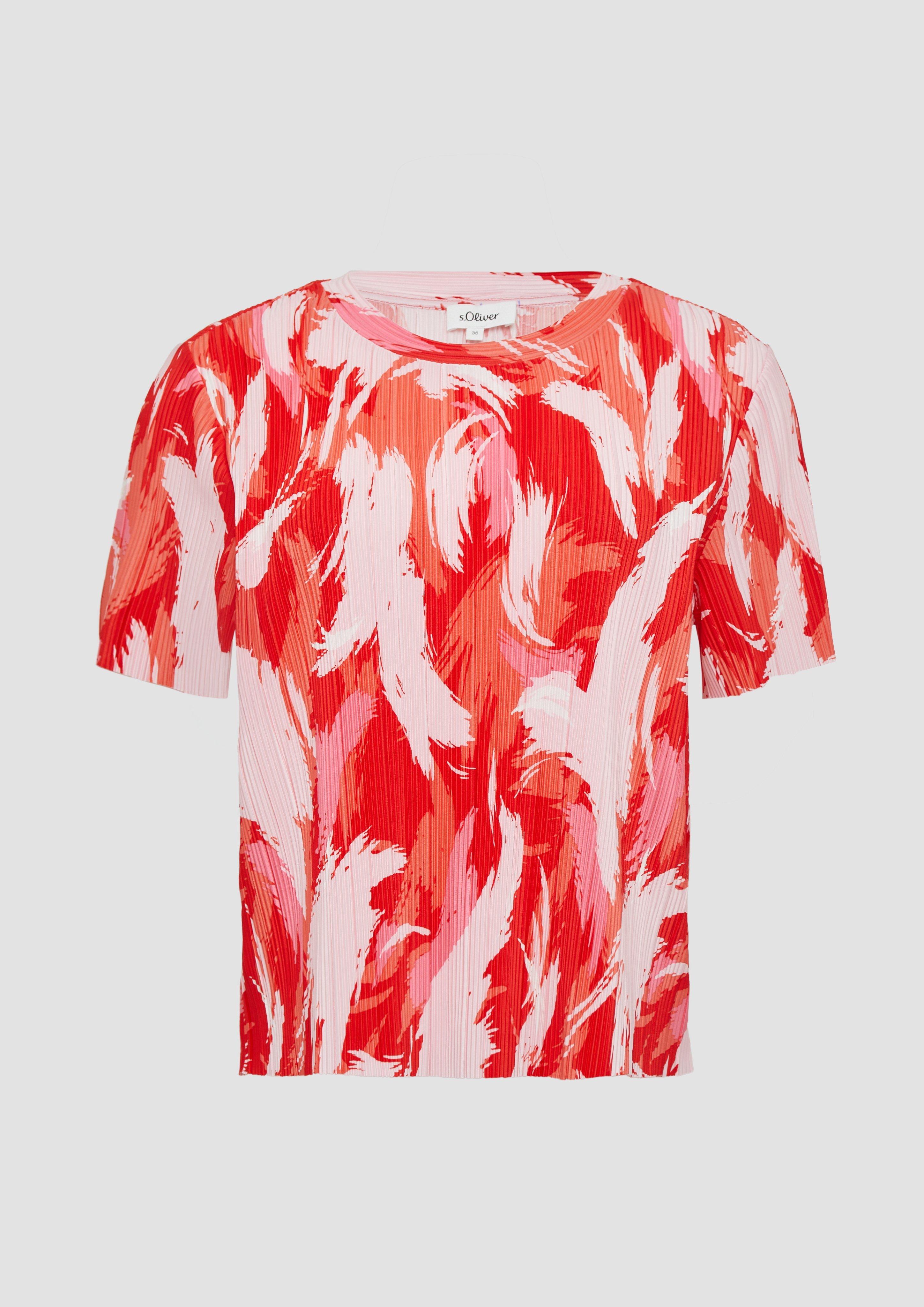 s.Oliver - Verkürztes T-Shirt aus Plissee mit Rundhalsausschnitt, Damen, rot|mehrfarbig