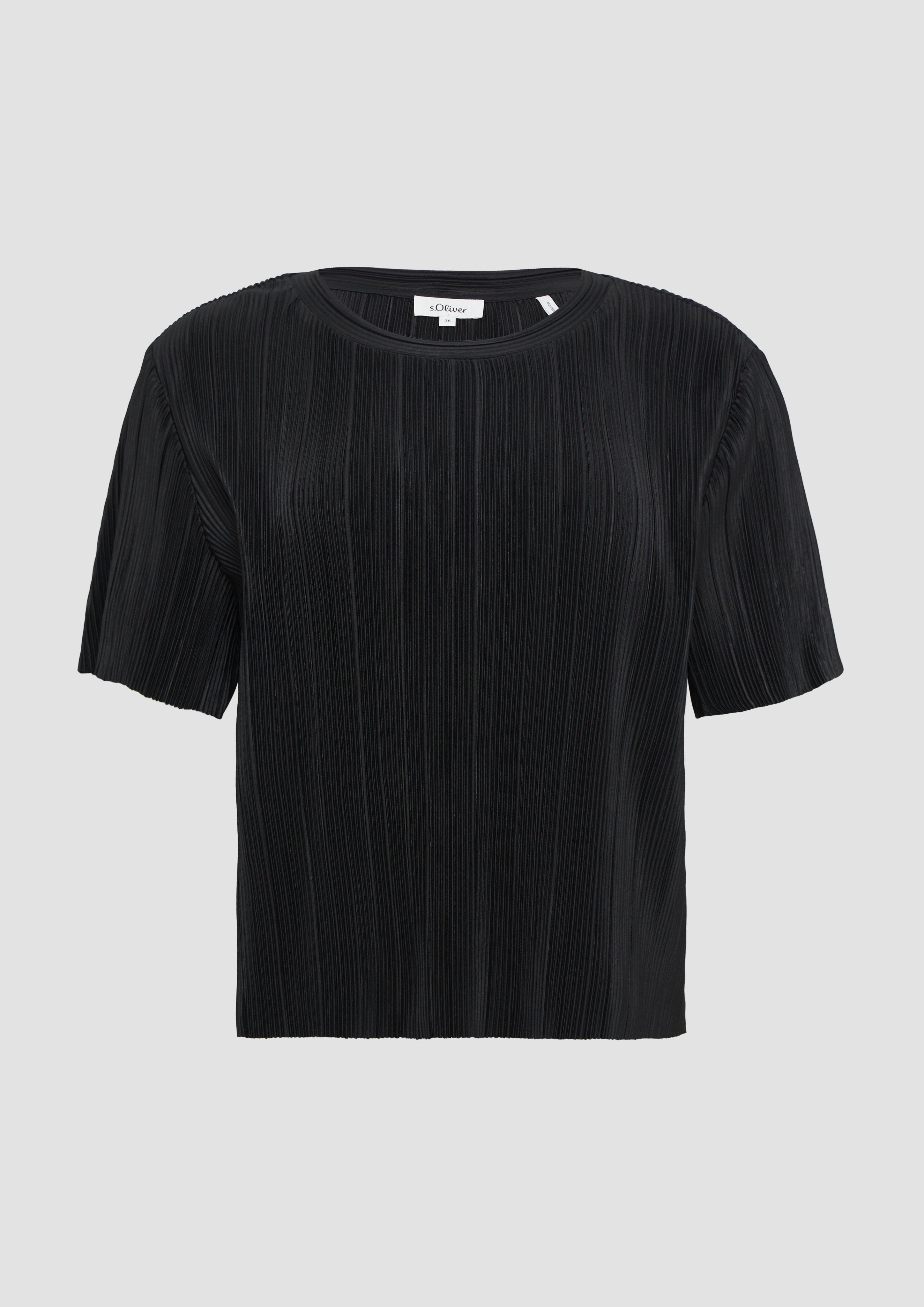 s.Oliver - Verkürztes T-Shirt aus Plissee mit Rundhalsausschnitt, Damen, schwarz