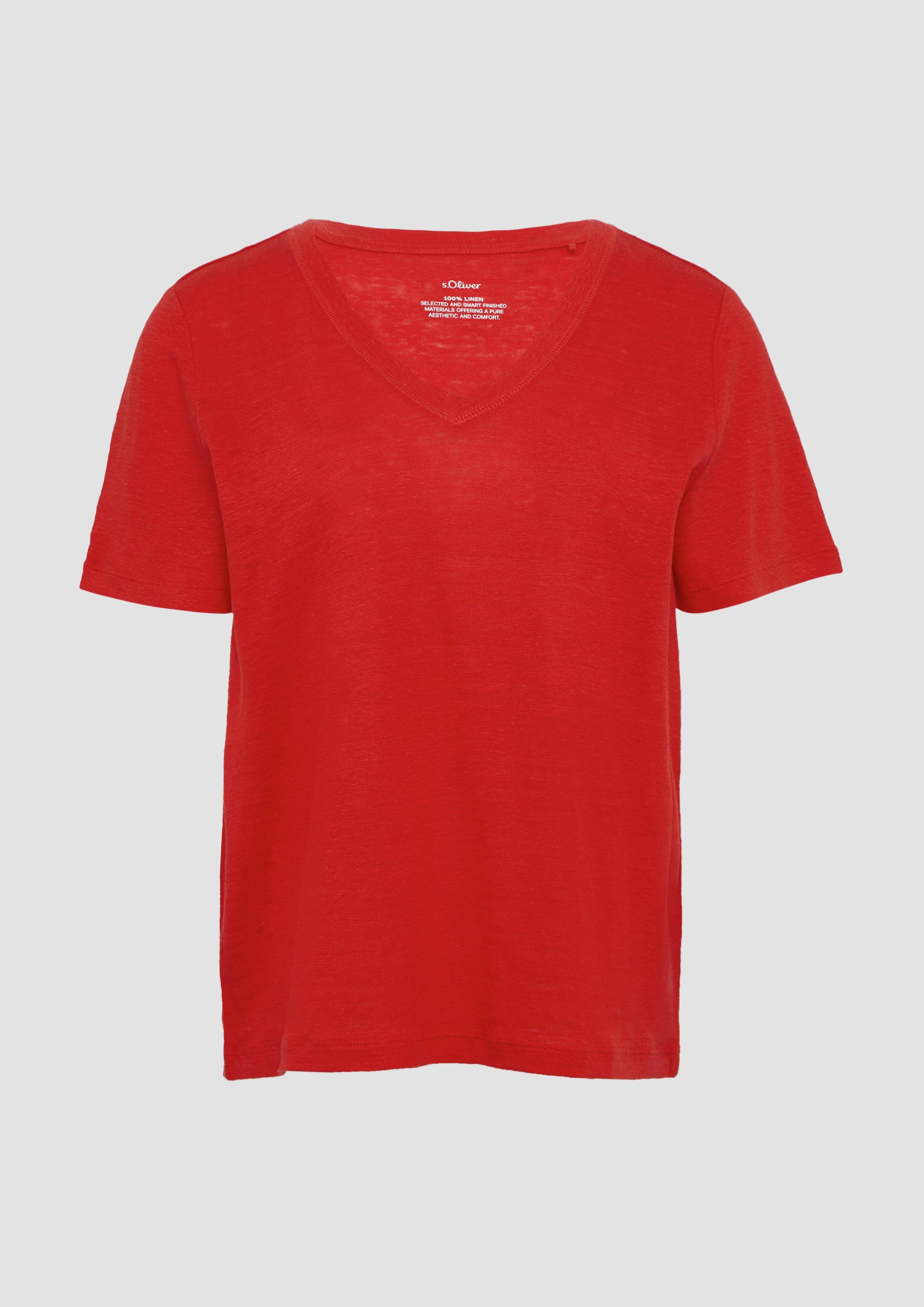 s.Oliver - T-Shirt aus Leinen mit V-Ausschnitt, Damen, rot